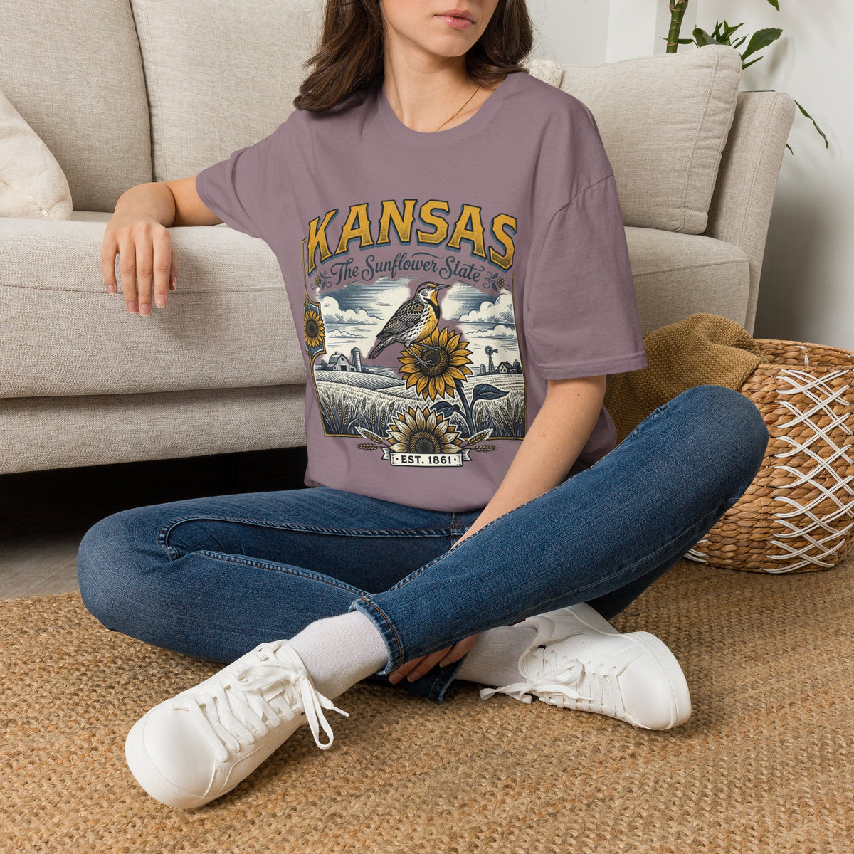 Kansas The Sunflower State T-Shirt | Vintage Meadow Bird Sunflower Design