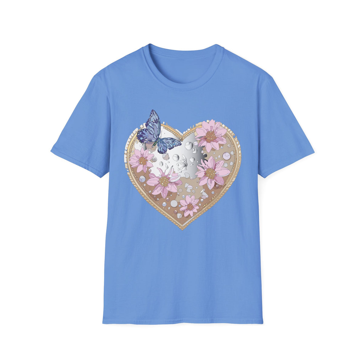 Floral Heart with Butterfly T-Shirt | Pink Flowers, Moon Phases Graphic Tee Unisex 100 Cotton Gildan T-Shirt