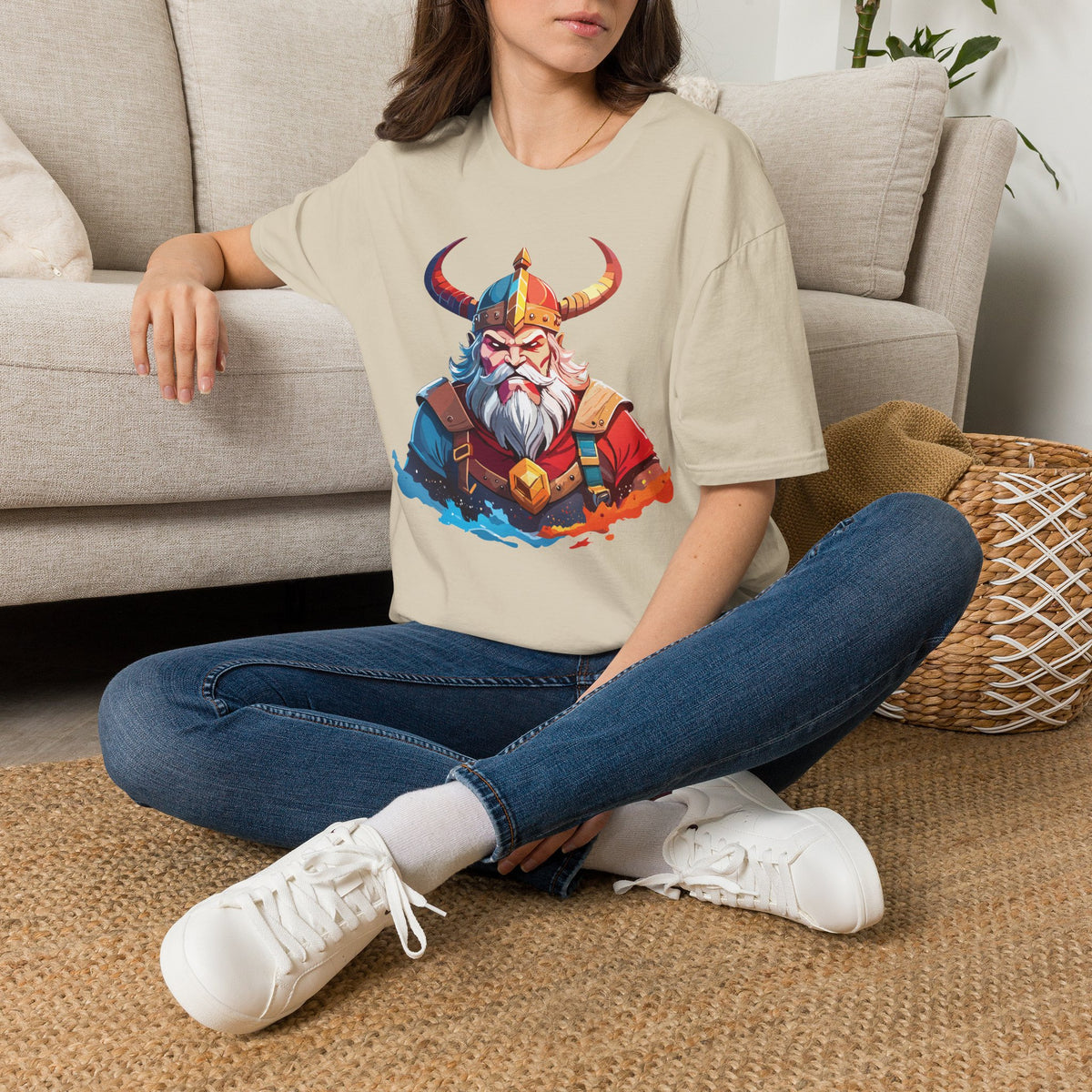 Viking Warrior Illustration T-Shirt | Horned Helmet Norse Art