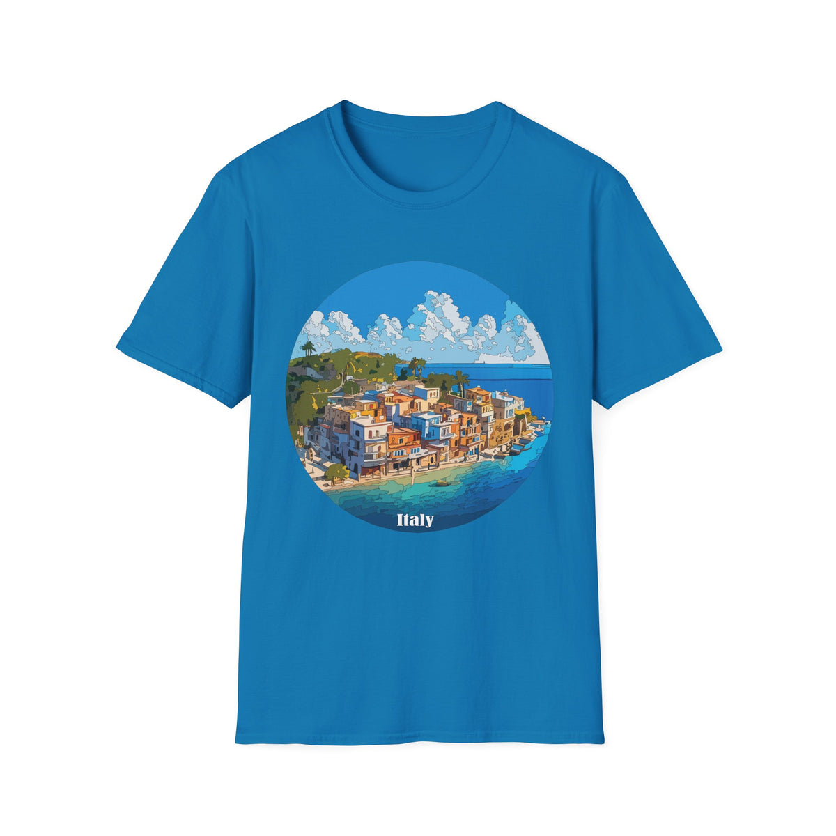 Coastal Italy Village Illustration T-Shirt | Mediterranean Seaside Graphic Tee