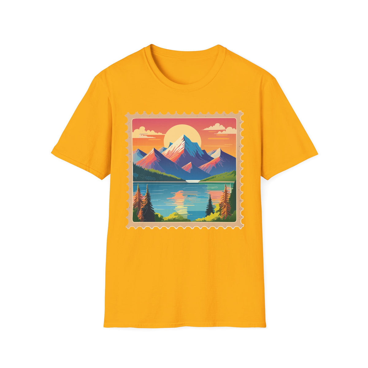 Vintage Mountain Sunset postage stamp T-Shirt | retro travel landscape