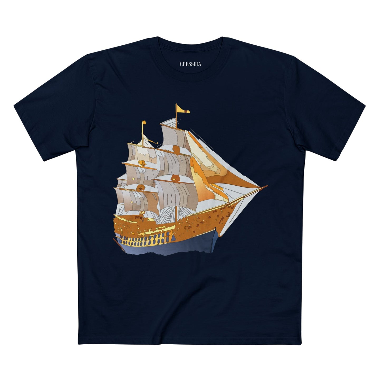 Ship Graphic Unisex 100 Cotton T-Shirt with Gold Frigate Art Design 23