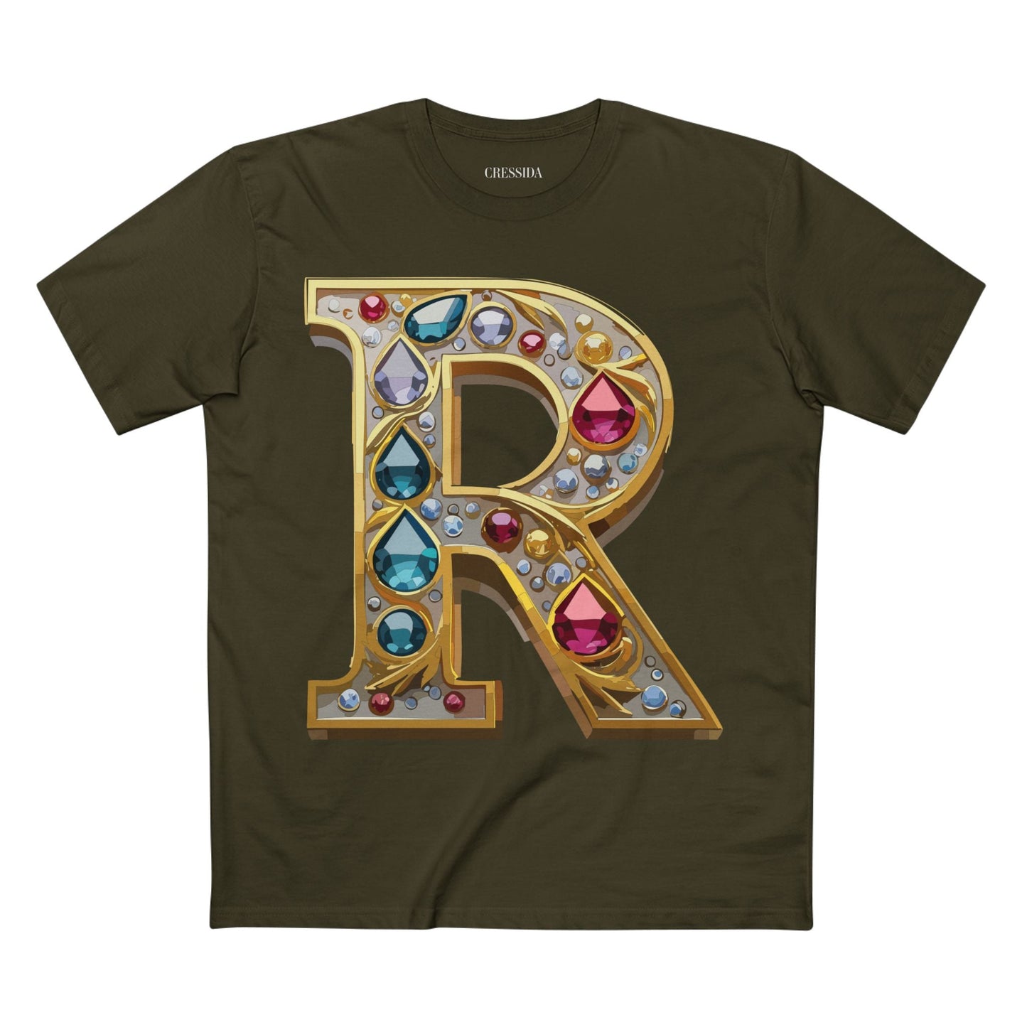 Letter R Graphic Design Tee Unisex 100 Cotton With Antique Gold Letters Artwork T-Shirt