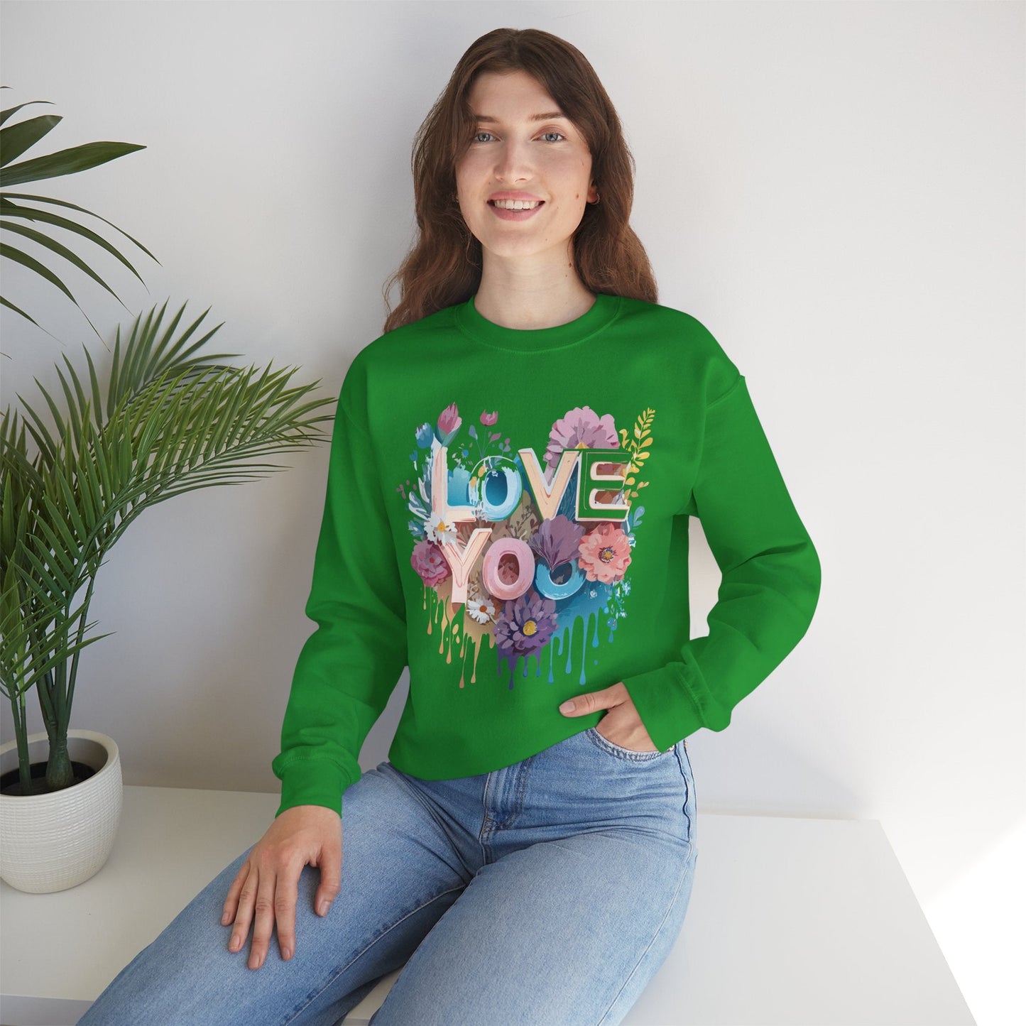 Floral Love Sweatshirt Unisex Heavy Blend Crewneck Valentine Day Flower Print Cozy Fleece Warm Gift