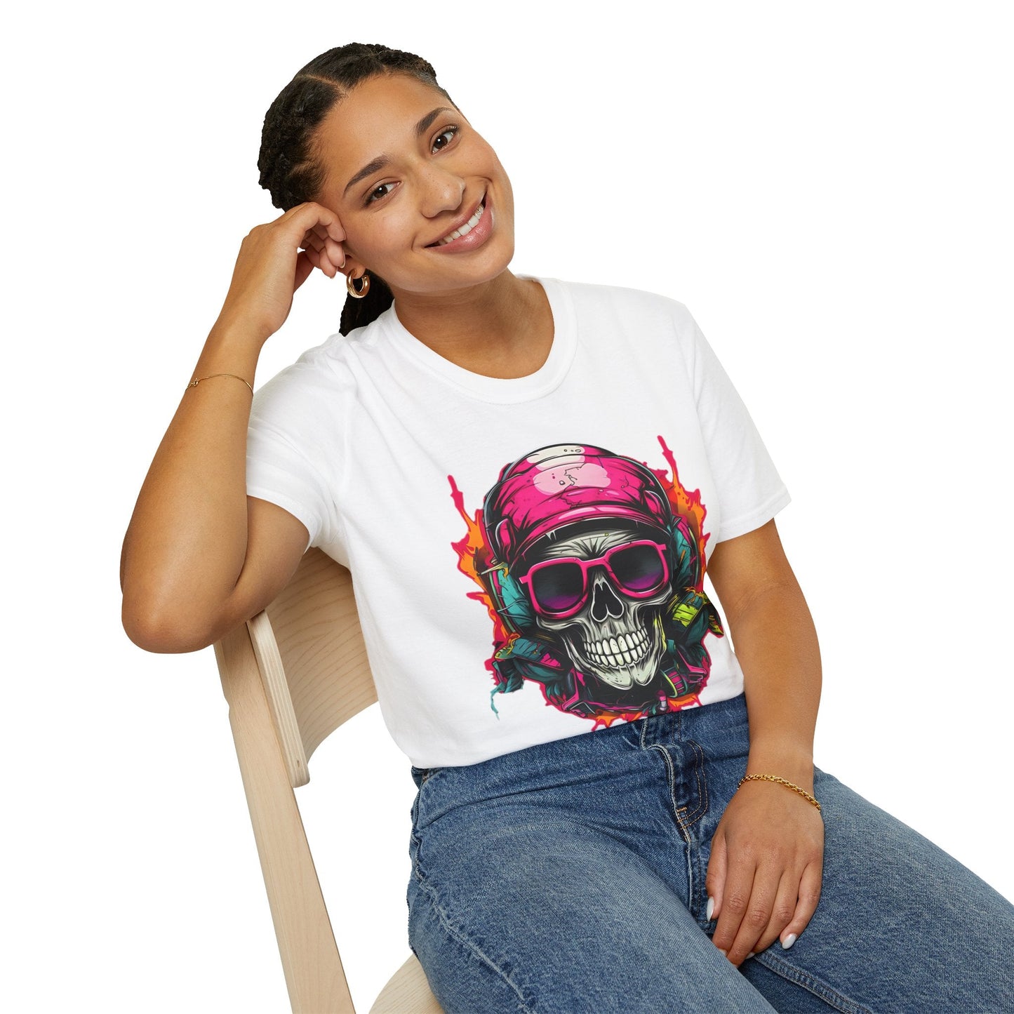 Unisex Skull Tee Shirt With Skeleton Design Gildan Softstyle 64000 Ring Spun Cotton