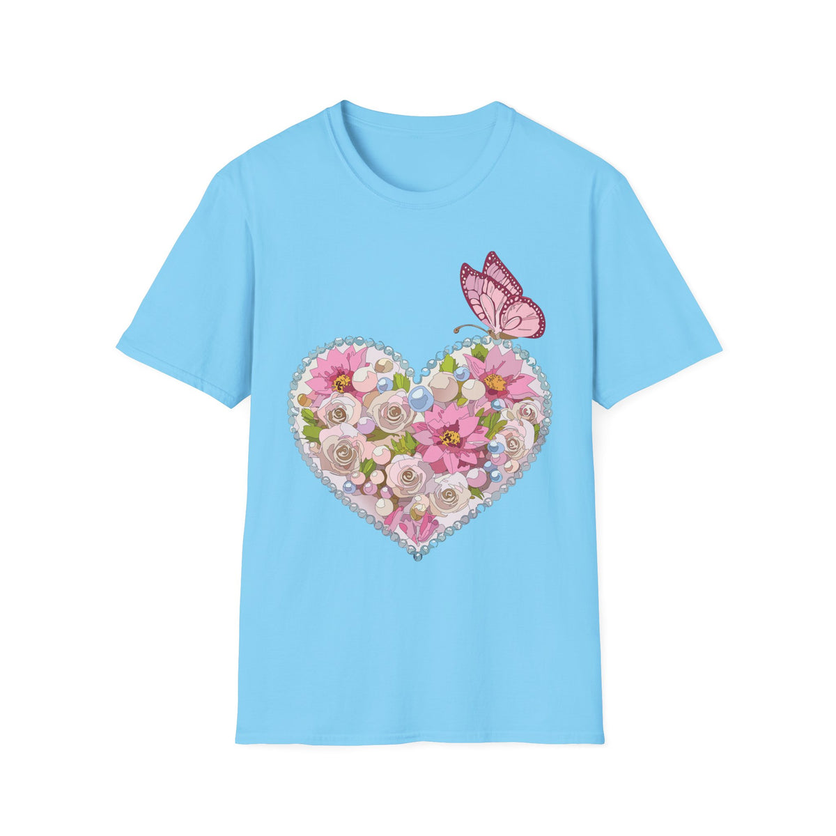 Floral Heart with Butterfly T-Shirt | Pink Flower Heart Graphic Tee Unisex 100 Cotton Gildan T-Shirt