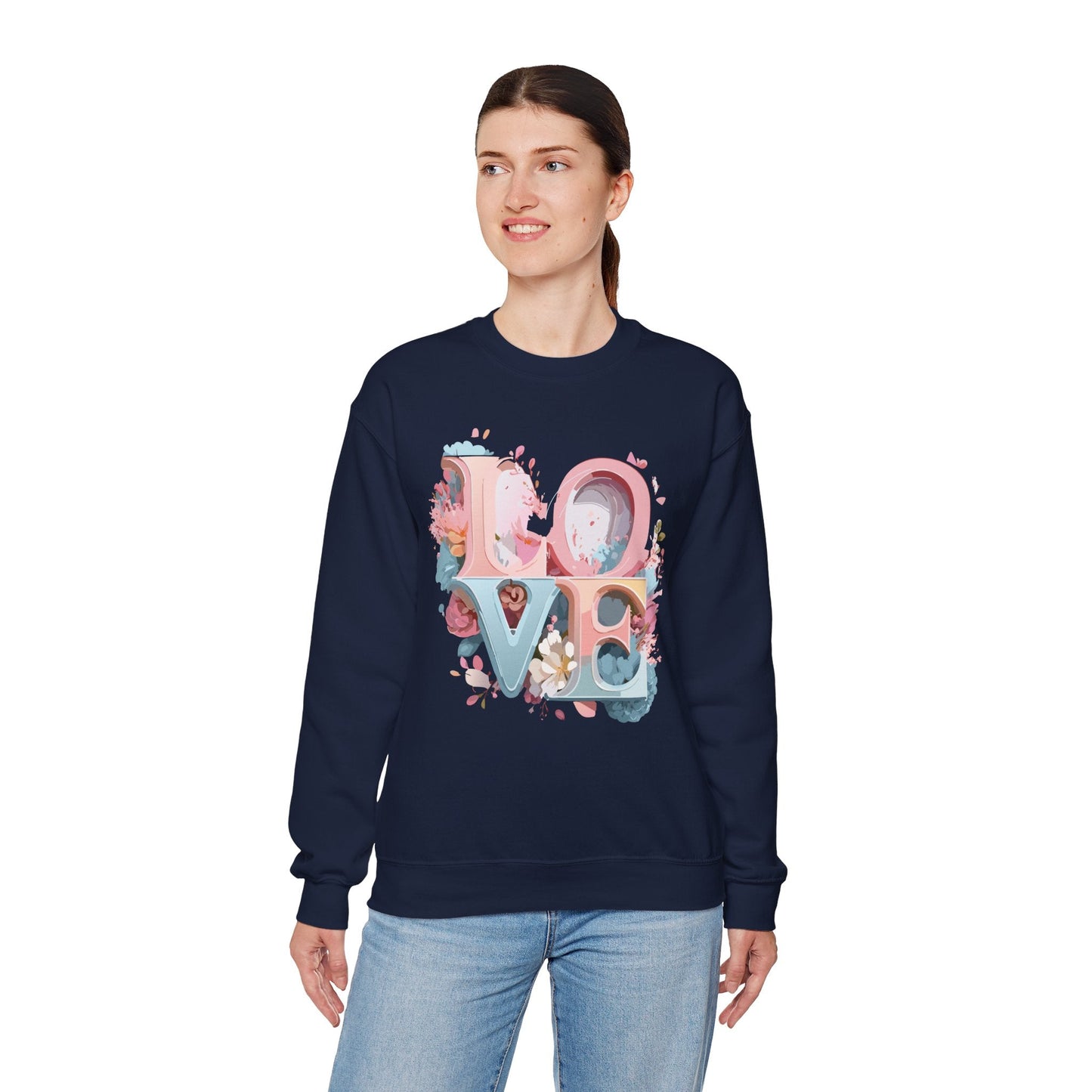 Floral Love Sweatshirt Unisex Crewneck Valentine Day Gift Gildan 18000 Fifty Fifty Cotton Blend