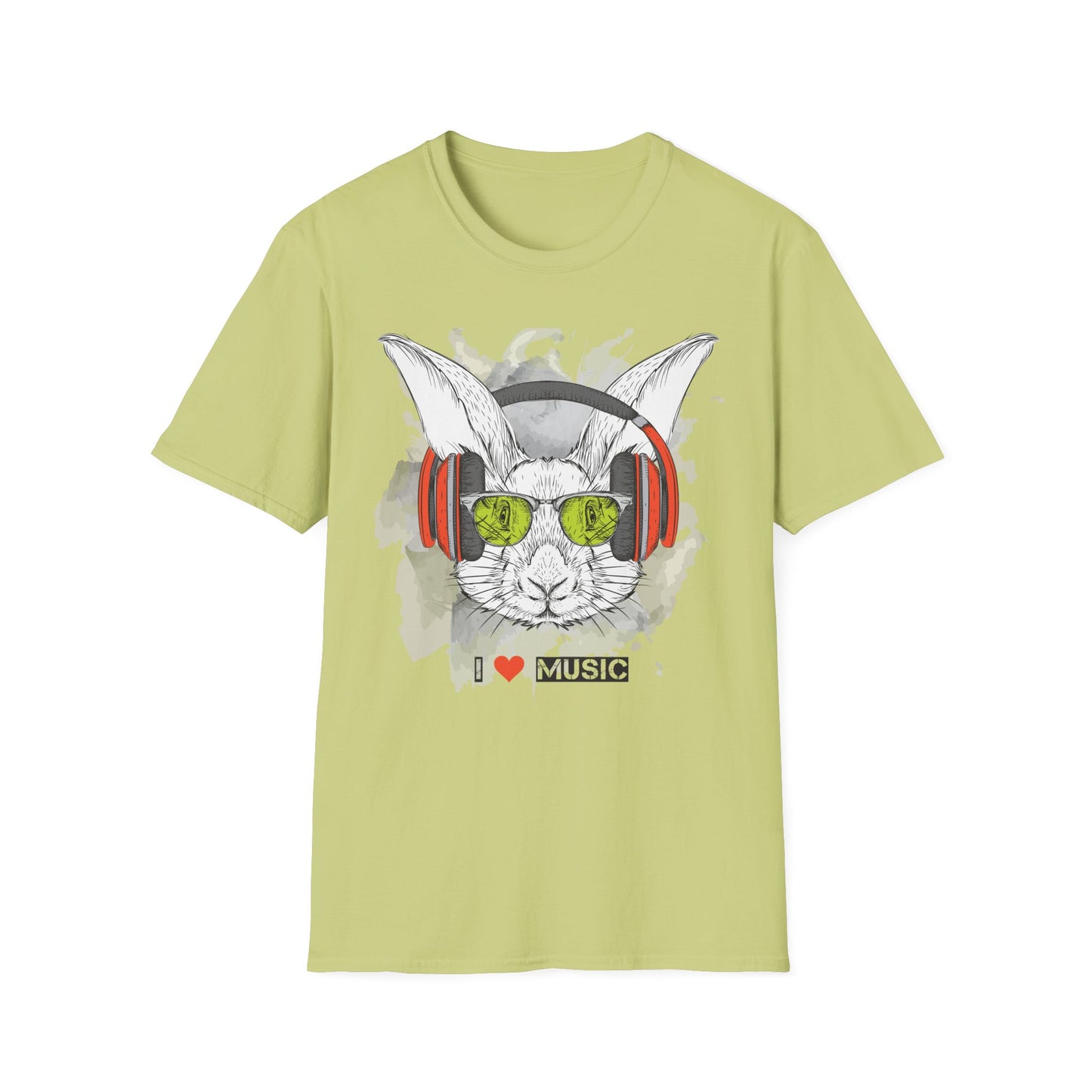Music Bunny T-Shirt Unisex Cotton Short Sleeves I Love Music Rabbit with Headphones Graphic Tee