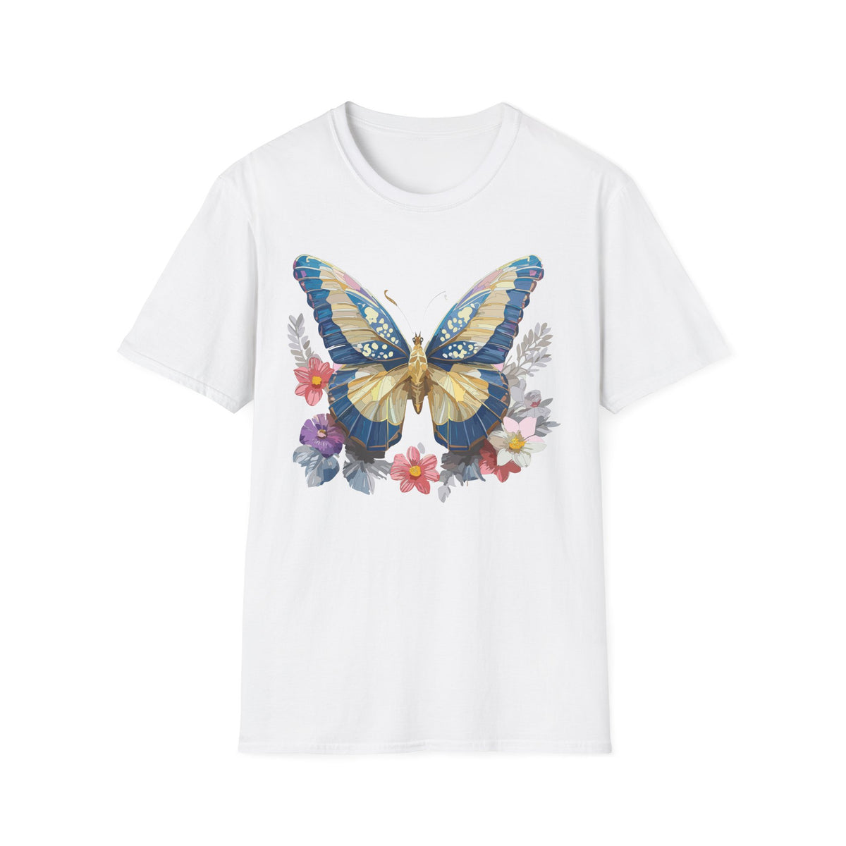 Blue Yellow Butterfly T-Shirt | Floral Wings Nature Graphic Tee Unisex 100 Cotton Gildan T-Shirt