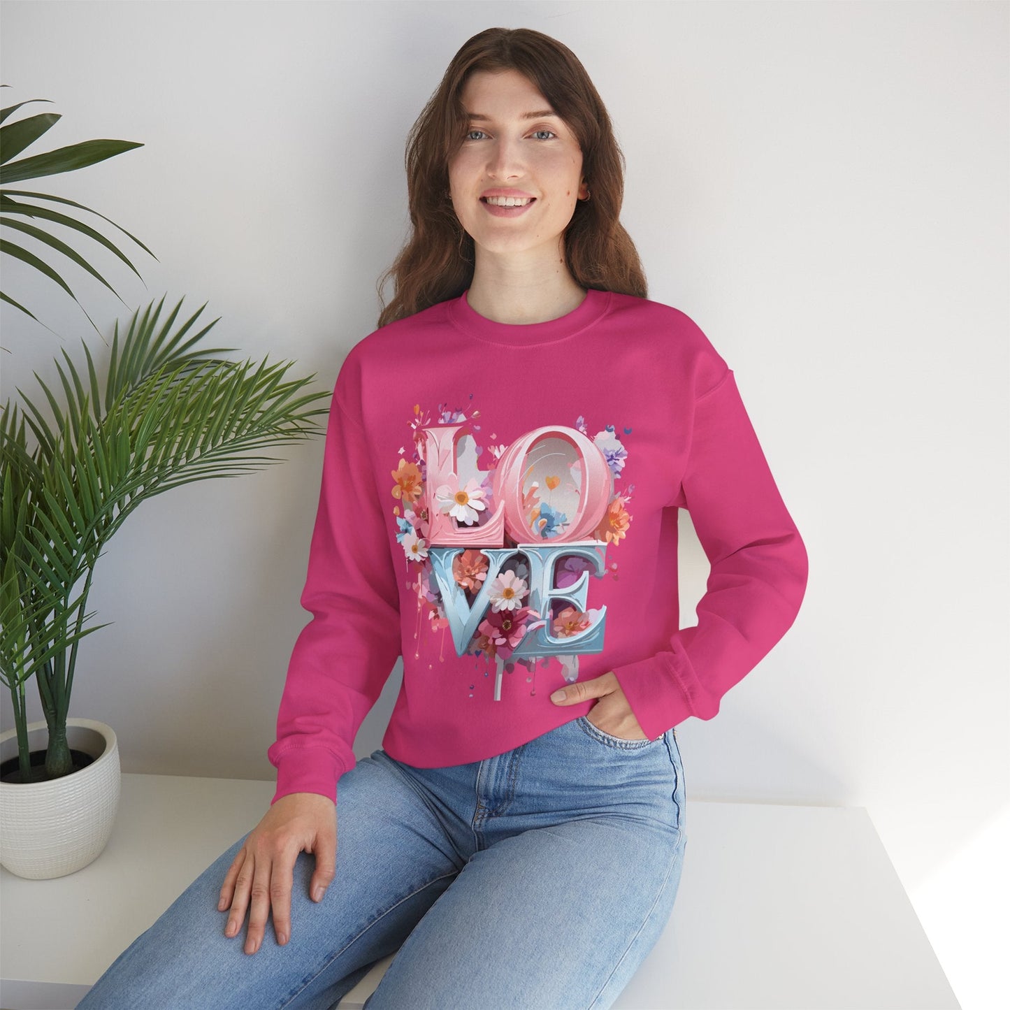 Floral Love Sweatshirt Unisex Love Flower Valentines Day Crewneck Gildan 18000 50 50 Cotton Polyester