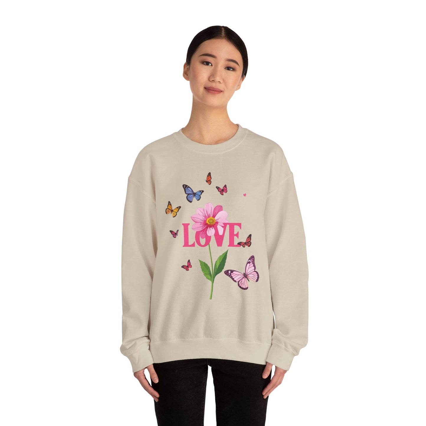 Unisex Floral Love Sweatshirt, Love Floral Sweatshirt, Floral Butterfly Sweatshirt, 50/50 Cotton-Poly Valentine's Day Sweatshirt 01