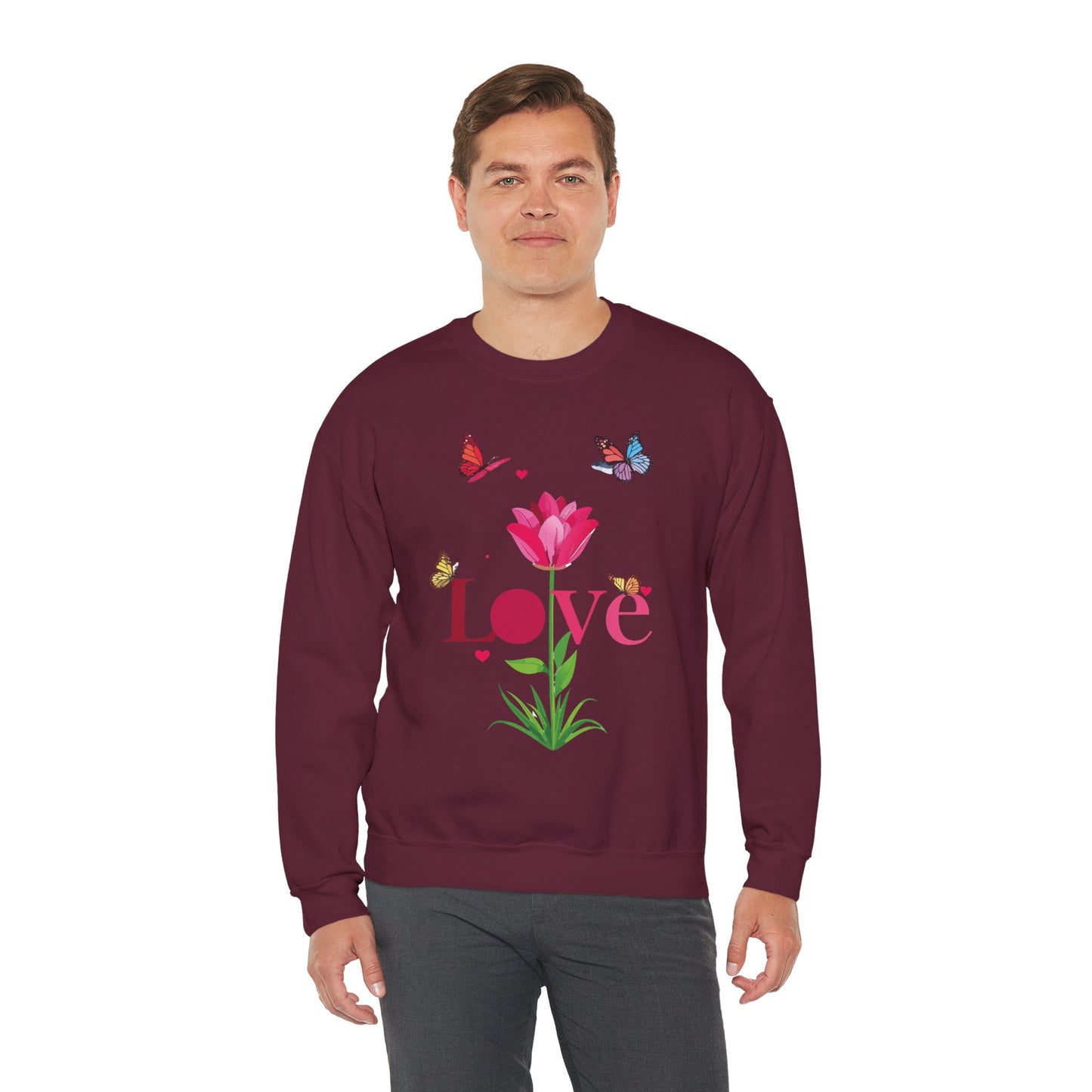 Unisex Floral Love Sweatshirt, Love Floral Sweatshirt, Floral Butterfly Sweatshirt, 50/50 Cotton-Poly Valentine's Day Sweatshirt 02