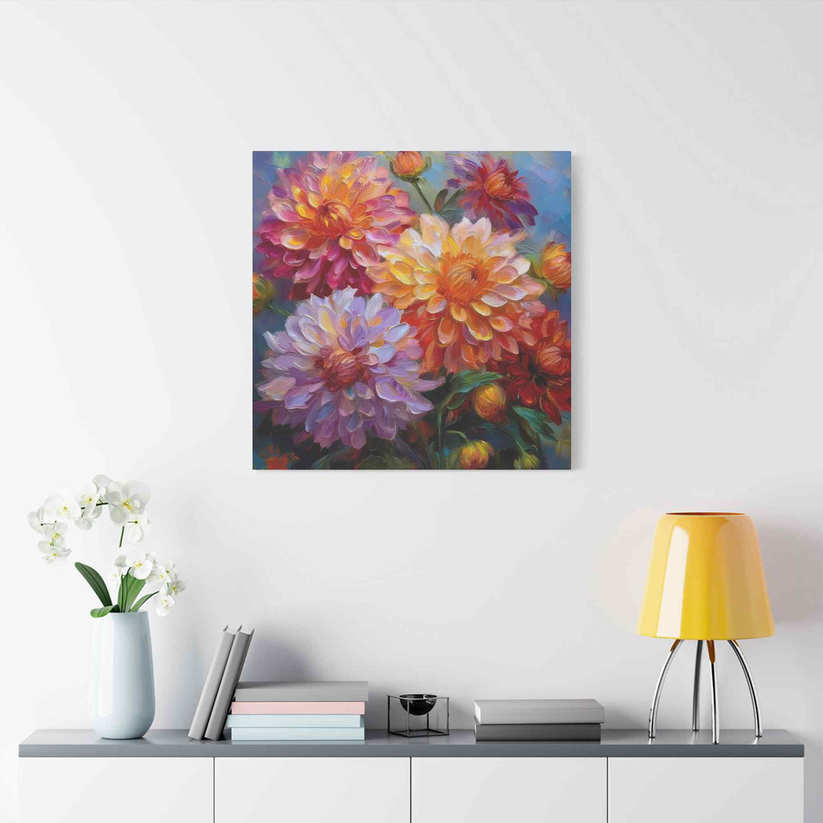 Dahlias Floral Print Canvas, Floral Oil Paint Print 20x20, 24x24, 30x30, 32x32, 36x36 Art Design Pine-Wood Inner Frame MC-165
