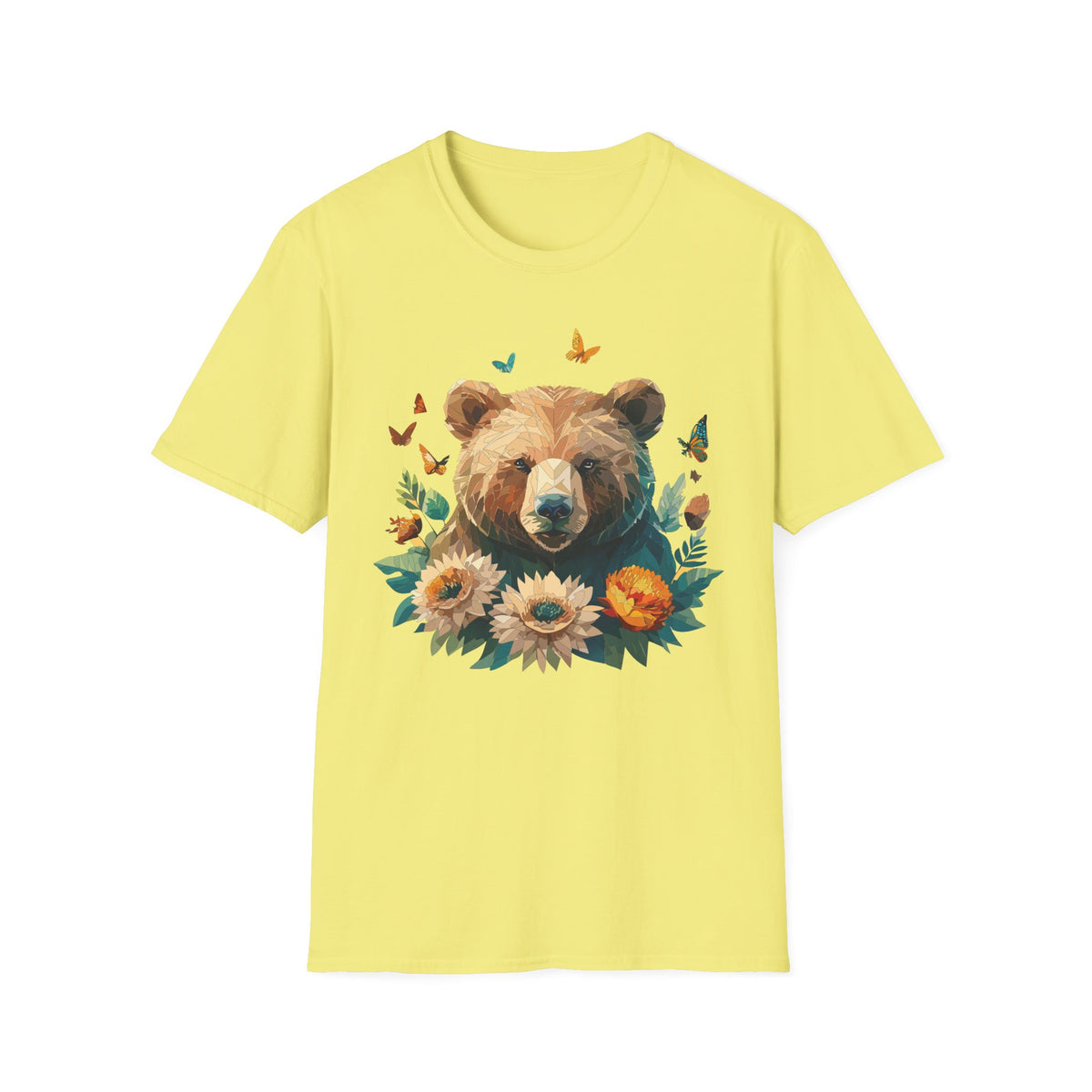 Floral Bear Illustration T-Shirt | Bear with Sunflowers and Butterflies