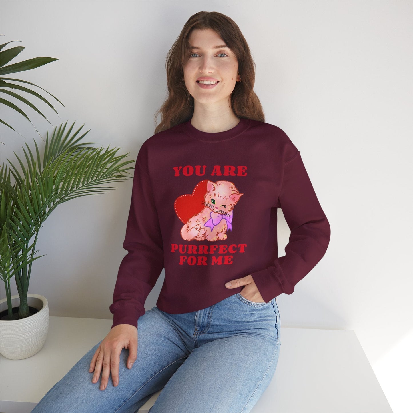 Cat Heart Sweatshirt Unisex Valentines Day Fifty Fifty Cotton Poly Blend Crewneck