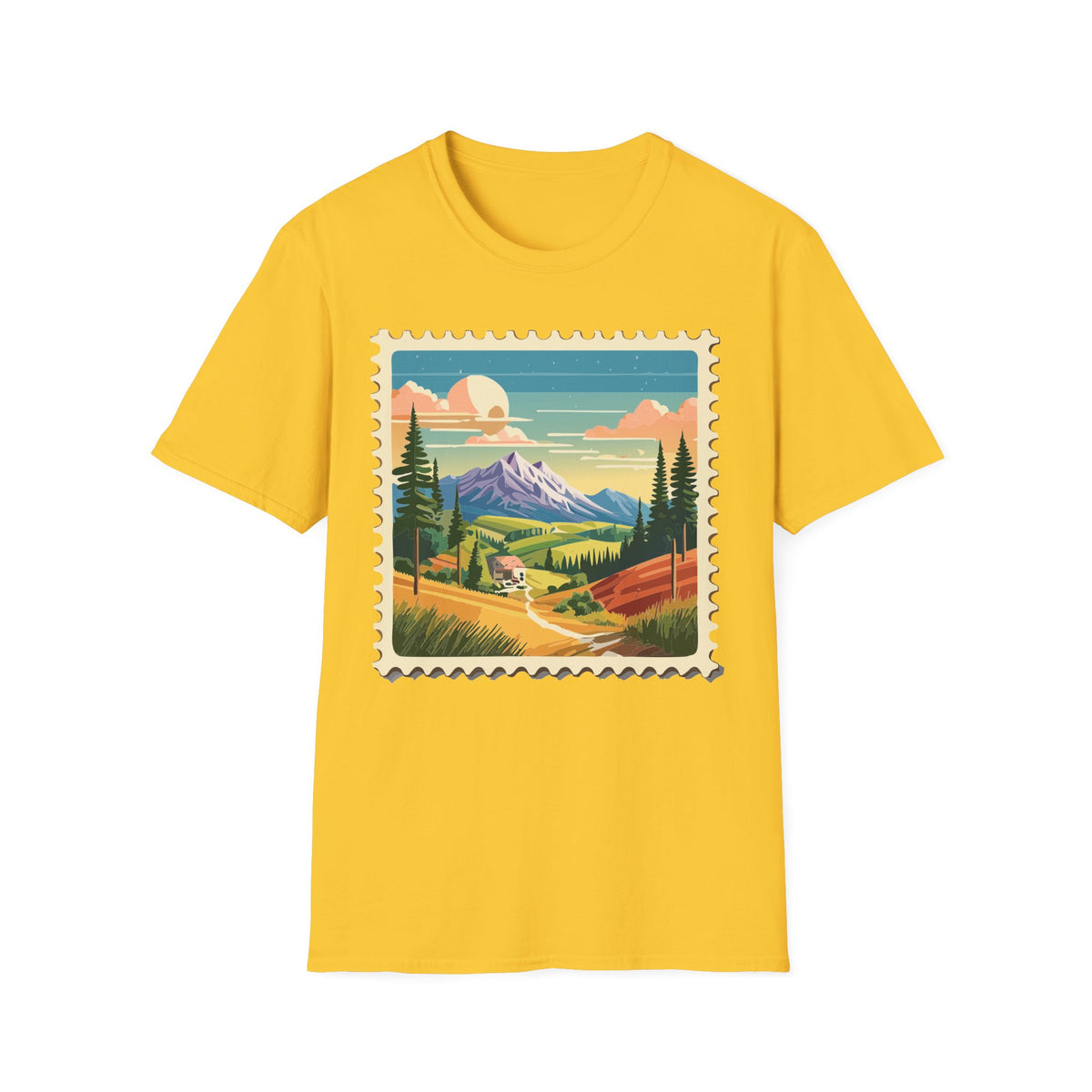 Mountain Landscape Stamp T-Shirt | Retro Sunset Scenic Tee