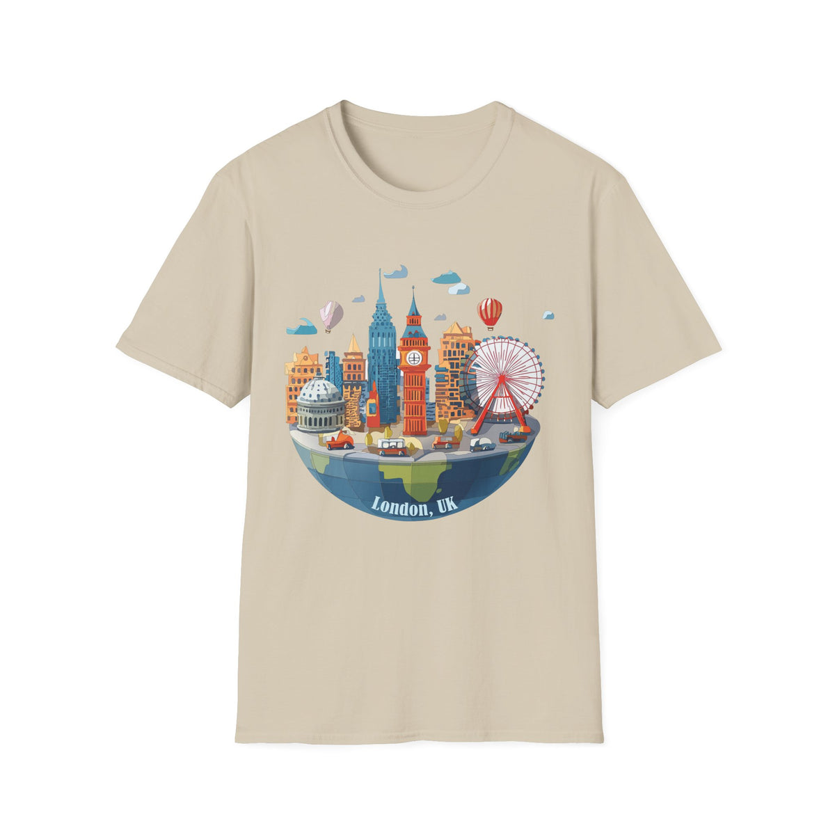 London Skyline Illustration T-Shirt | Big Ben, London Eye, Hot Air Balloons