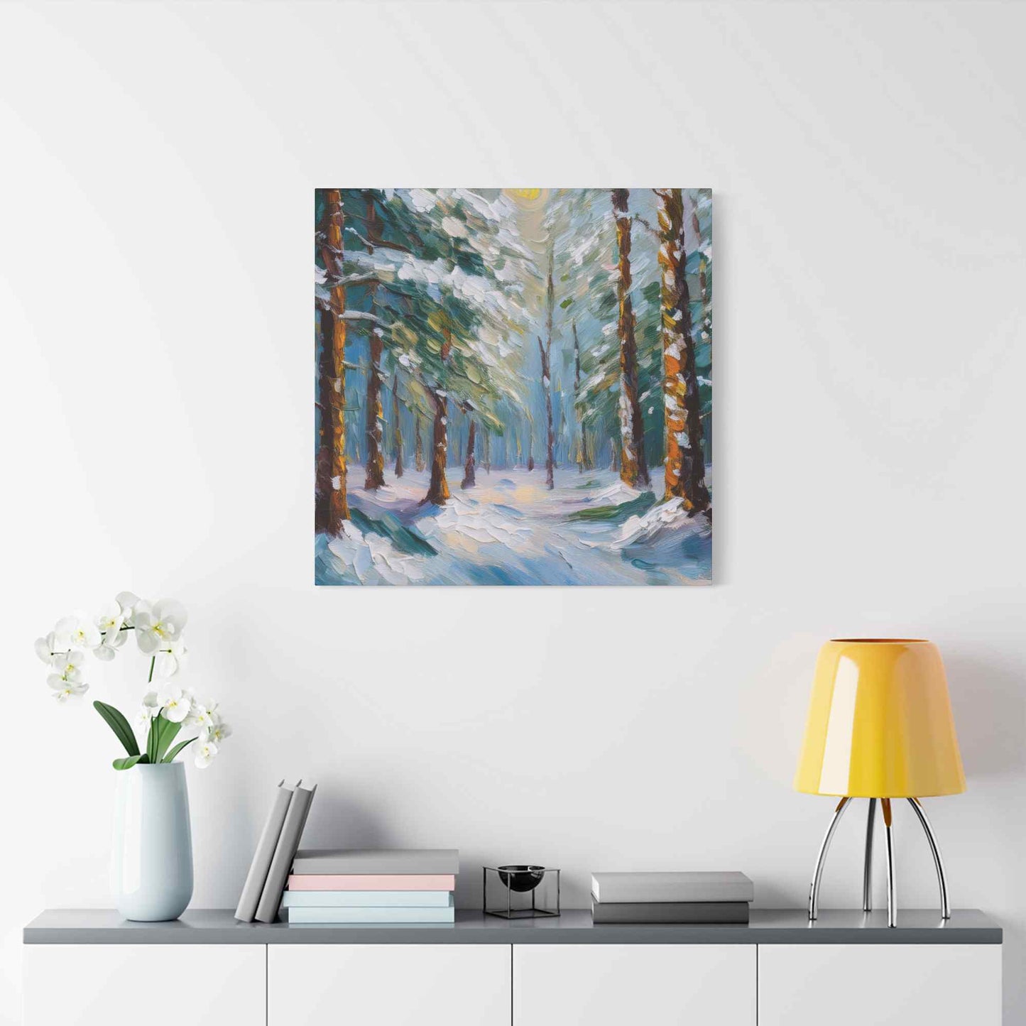 Snow Forest Print Canvas, Oil Paint Print 20x20, 24x24, 30x30, 32x32, 36x36 Art Design Print Pine-Wood Inner Frame MC-81