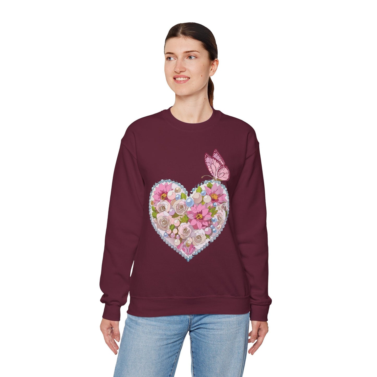 Floral Heart Sweatshirt Unisex Crewneck Valentines Day 50 50 Heavy Blend Gildan 18000