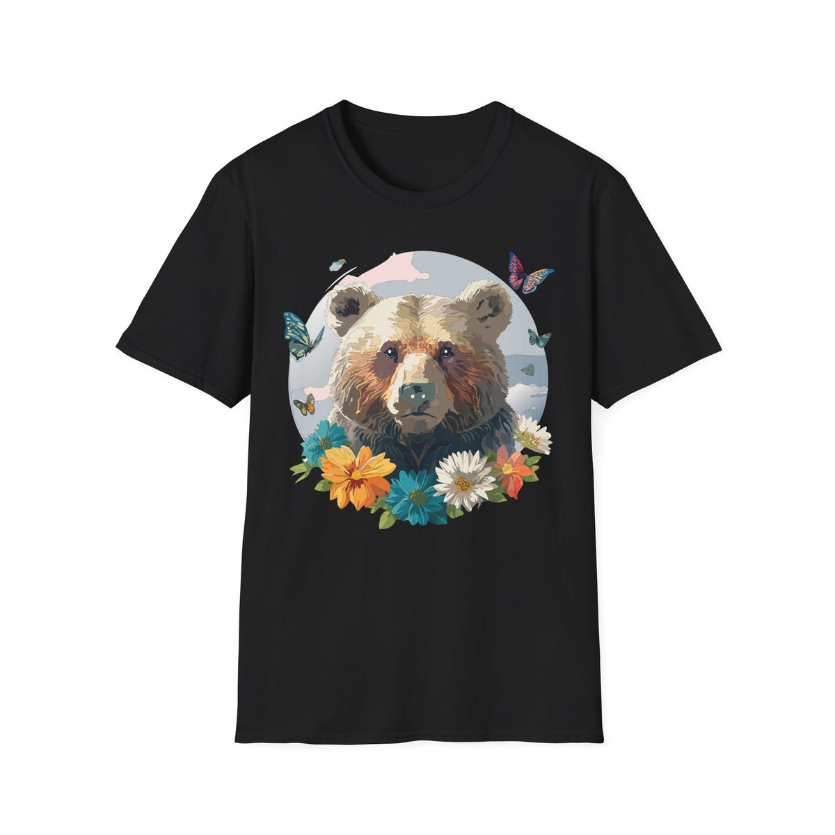 Bear Portrait with Butterflies T-Shirt | Floral Nature Animal Graphic Tee Unisex 100 Cotton Gildan T-Shirt