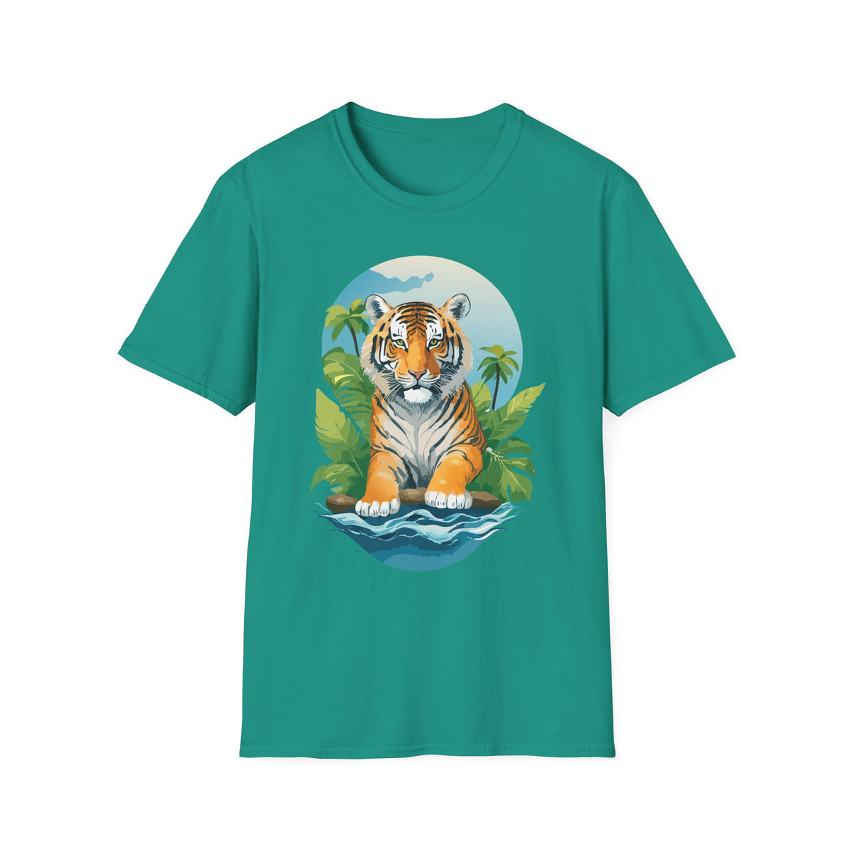 Tropical Tiger Illustration T-Shirt | Jungle Palm Sunset Tee