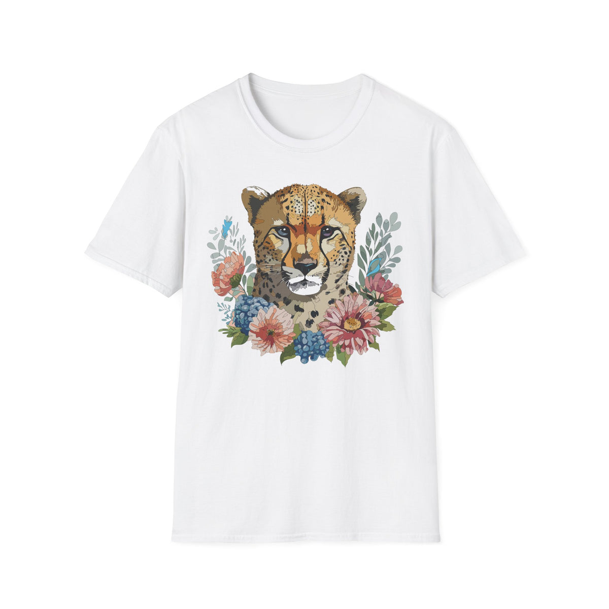Floral Cheetah Face T-Shirt | Wild Cat Illustration, Botanical Accent