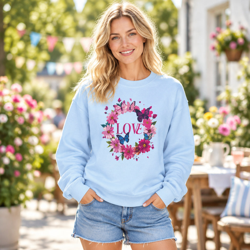 Unisex Floral Love Sweatshirt, Love Floral Sweatshirt, Floral Butterfly Sweatshirt, 50/50 Cotton-Poly Valentine's Day Sweatshirt 04