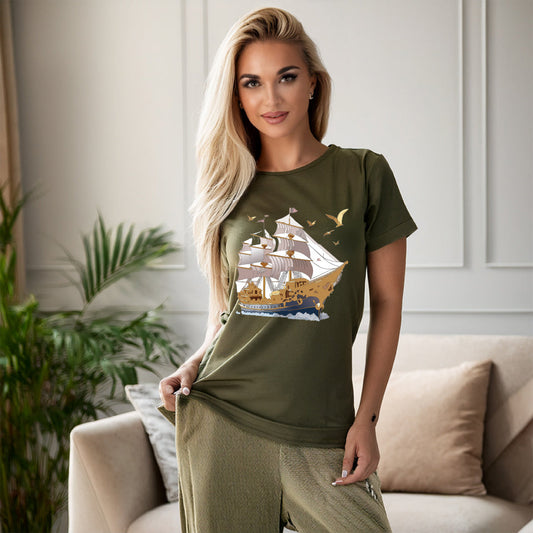 Ship Graphic Unisex 100 Cotton T-Shirt with Gold Frigate Art Design 3