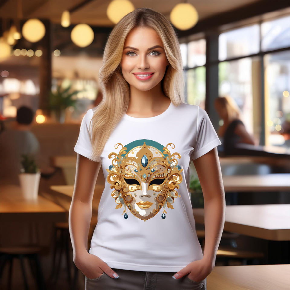 Carnival Mask Graphic T-Shirt Unisex 100 Cotton With Antique Gold Art Design Tee 3