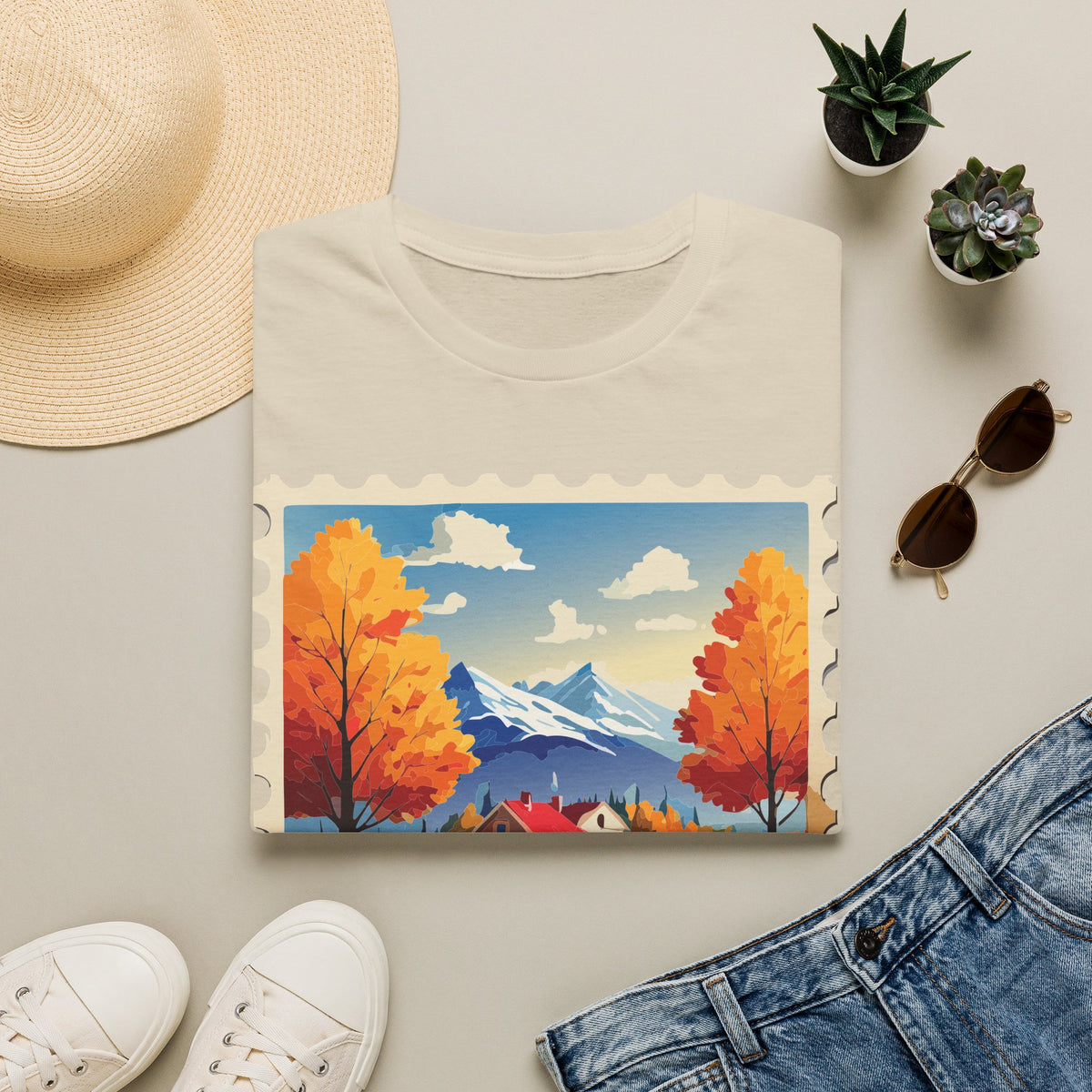 Autumn Mountain Landscape T-Shirt | Fall Trees Cabin Scenic Print