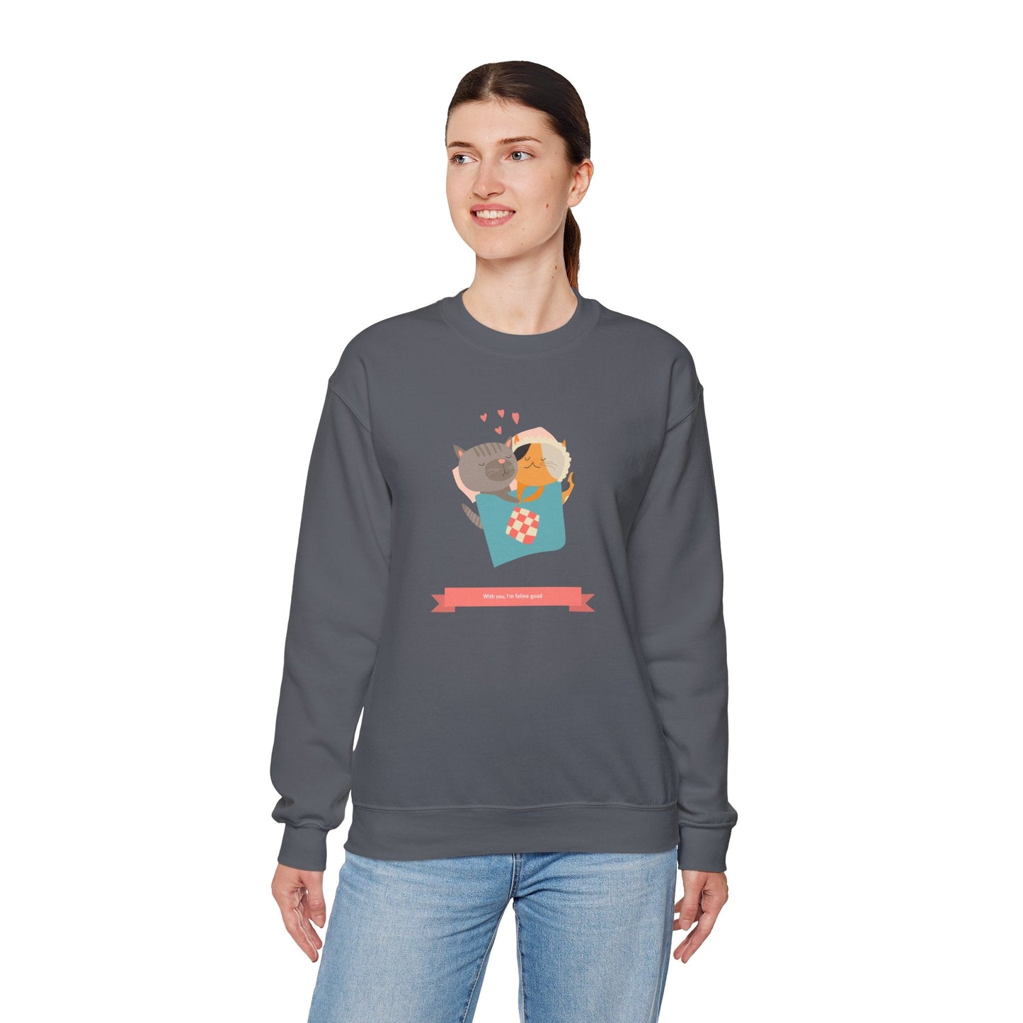 Cat Heart Sweatshirt Unisex Valentines Day 50 50 Cotton Poly Crewneck Gildan 18000