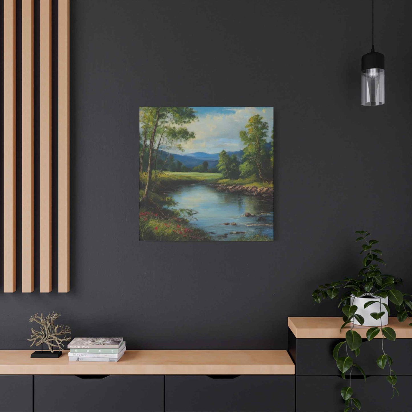 River Print Canvas, Landscape Oil Paint Print 20x20, 24x24, 30x30, 32x32, 36x36 Art Design Print Pine-Wood Inner Frame MC-53