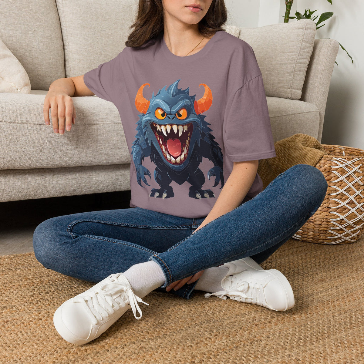 Monster Graphic T-Shirt — Fierce Blue Horned Creature Cartoon Graphic Tee Unisex 100 Cotton Gildan T-Shirt