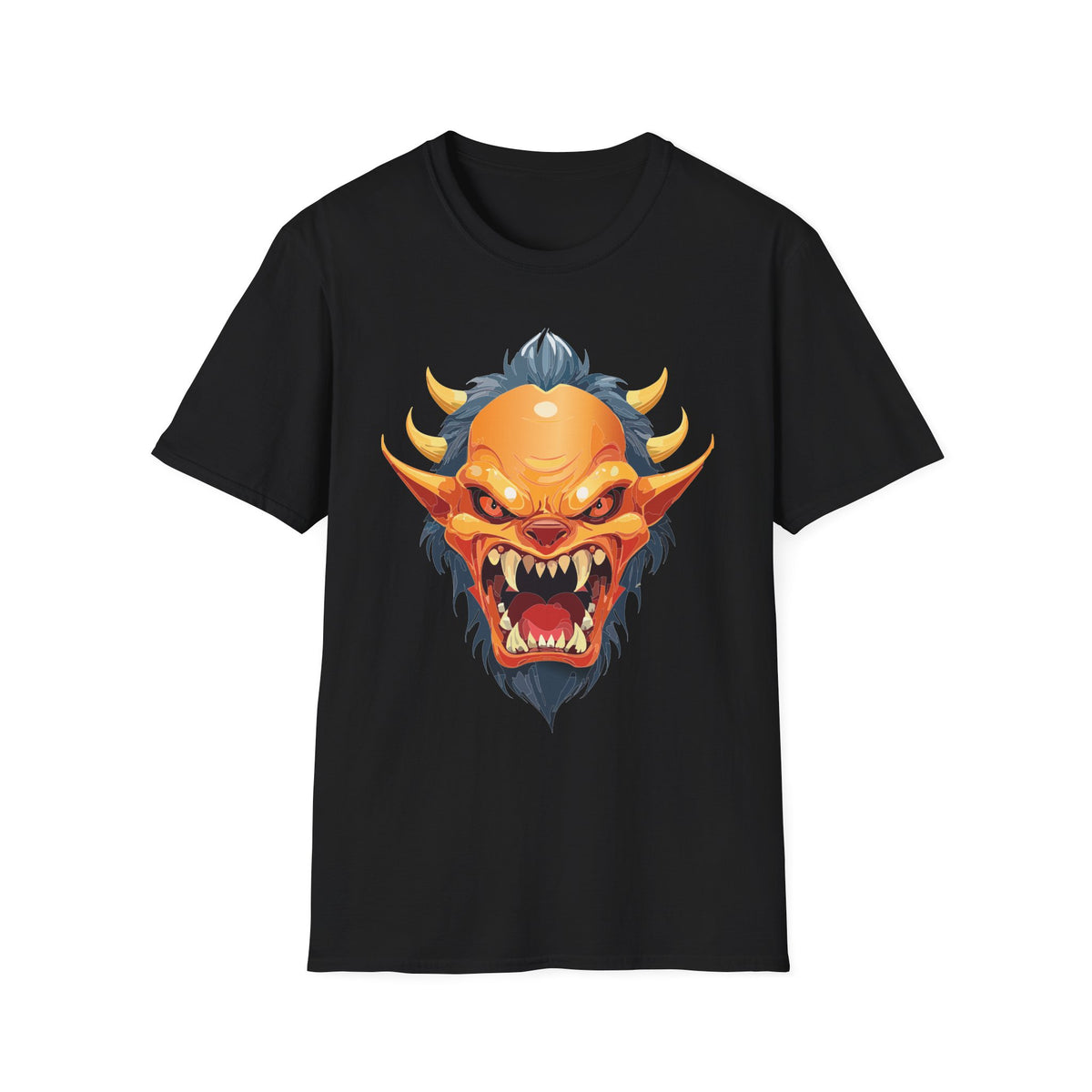 Demonic Oni Mask T-Shirt — Fierce Japanese Demon Face Cartoon Graphic Tee Unisex 100 Cotton Gildan T-Shirt