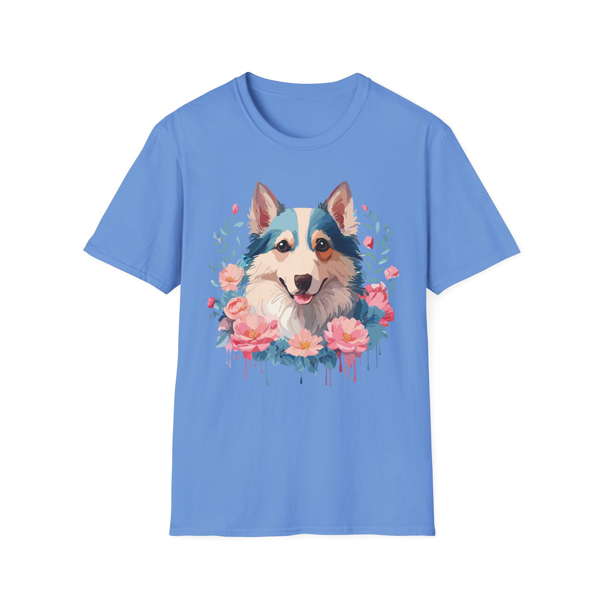 Floral Corgi Portrait T-Shirt | Dog Face Tee with Flowers