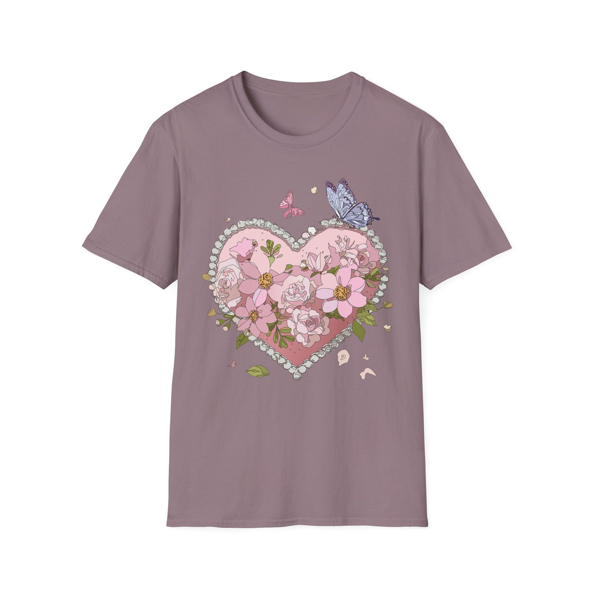 Floral Heart with Butterflies T-Shirt | Pink Flower Heart Graphic Tee Unisex 100 Cotton Gildan T-Shirt