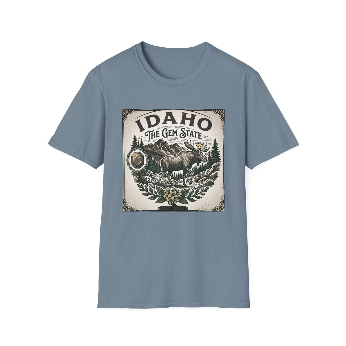 Idaho The Gem State Vintage Moose Travel Tourist Graphic Design Unisex 100 Cotton Gildan T-Shirt
