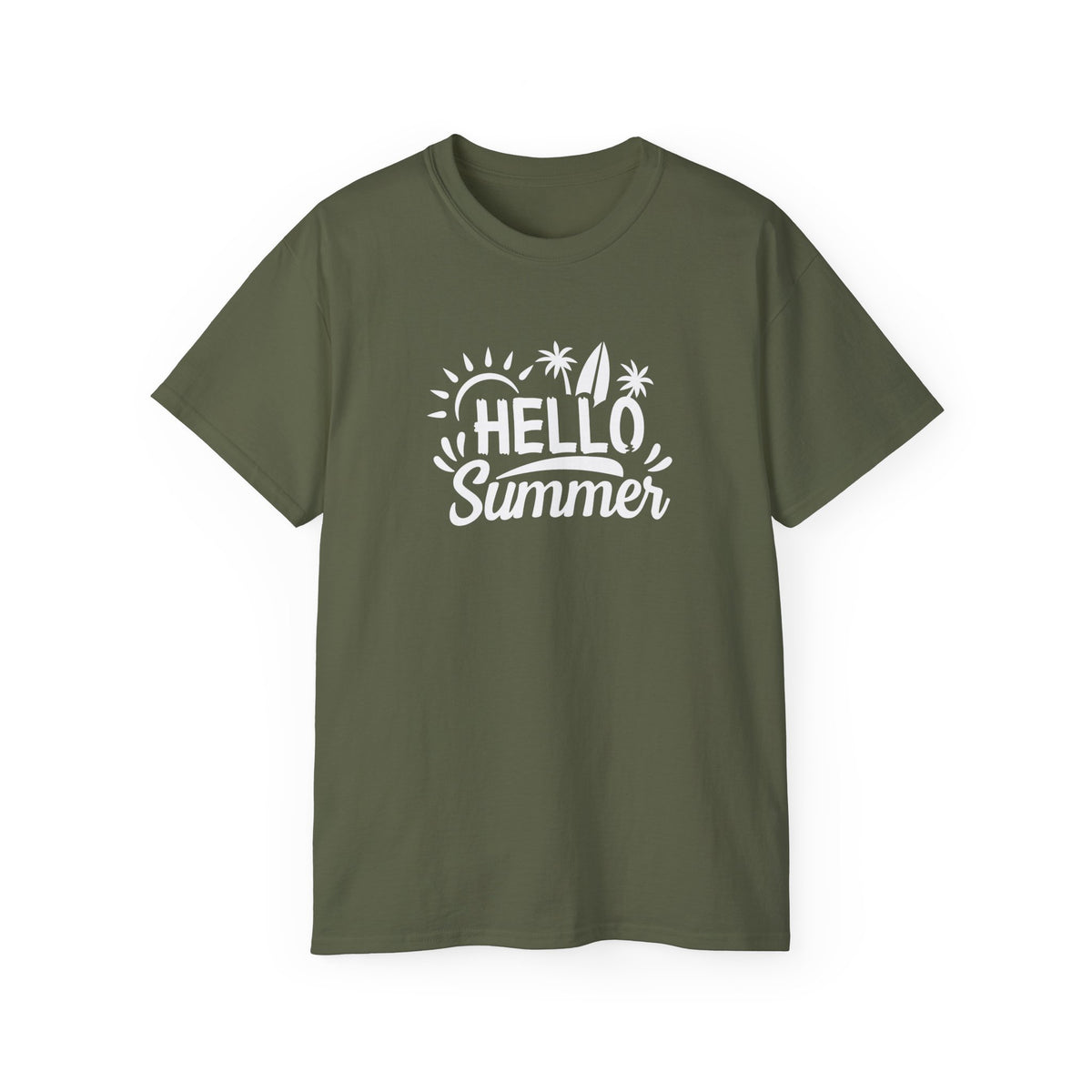 Hello Summer surfboard palm trees T-Shirt | Summer beach graphic tee