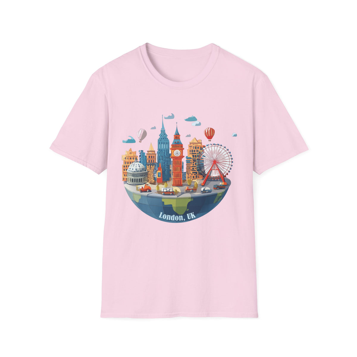 London Skyline Illustration T-Shirt | Big Ben, London Eye, Hot Air Balloons
