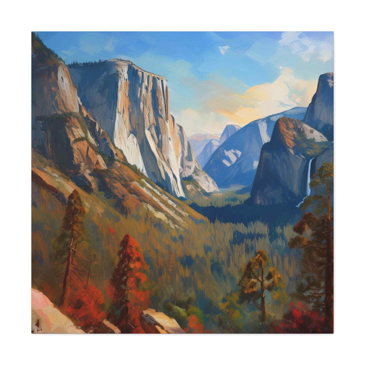 Yosemite valley Print Canvas, Oil Paint Print 20x20, 24x24, 30x30, 32x32, 36x36 Art Design Print Pine-Wood Inner Frame MC-59
