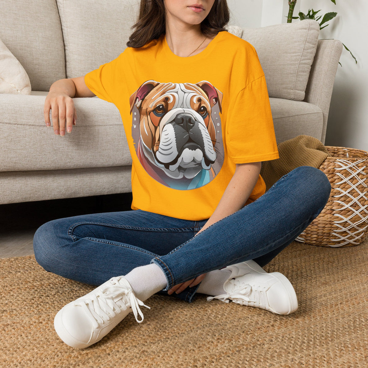 Bulldog Graphic T-Shirt — Colorful English Bulldog Portrait Graphic Design Unisex 100 Cotton Gildan T-Shirt