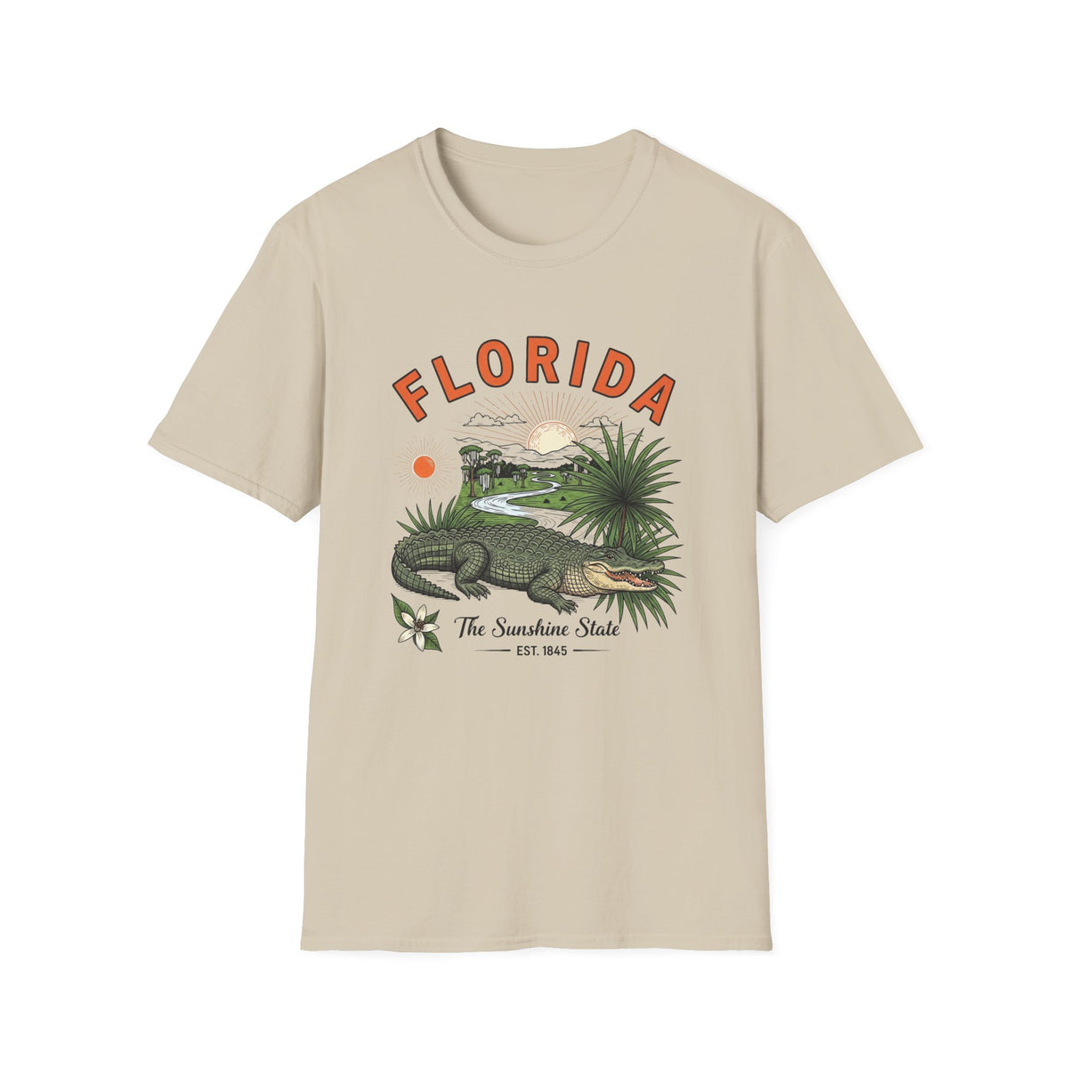 Florida Alligator Graphic T-Shirt — The Sunshine State Vintage Design Travel Tourist Graphic Design Unisex 100 Cotton Gildan T-Shirt