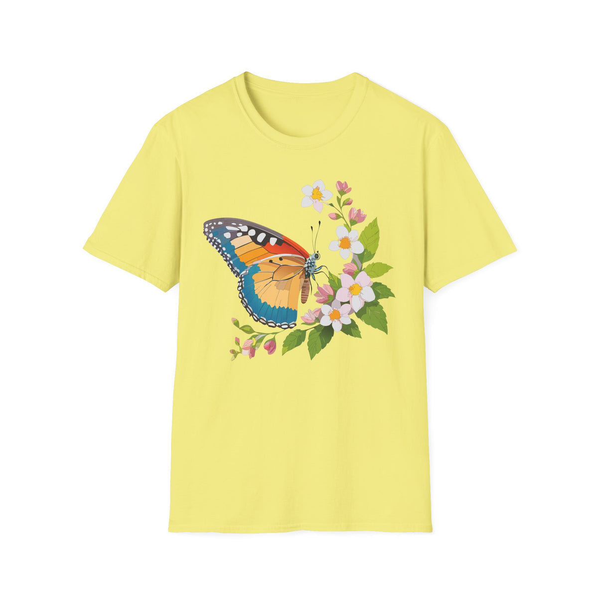 Butterfly Floral T-Shirt — Colorful Monarch with Blossoms Graphic Design Unisex 100 Cotton Gildan T-Shirt