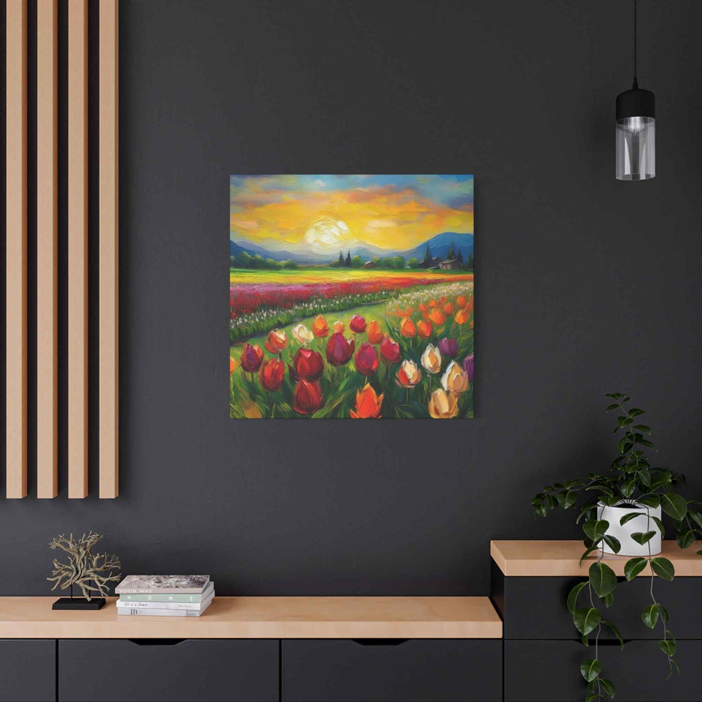 Tulips Fields Print Canvas, Floral Oil Paint Print 20x20, 24x24, 30x30, 32x32, 36x36 Art Design Pine-Wood Inner Frame MC-149