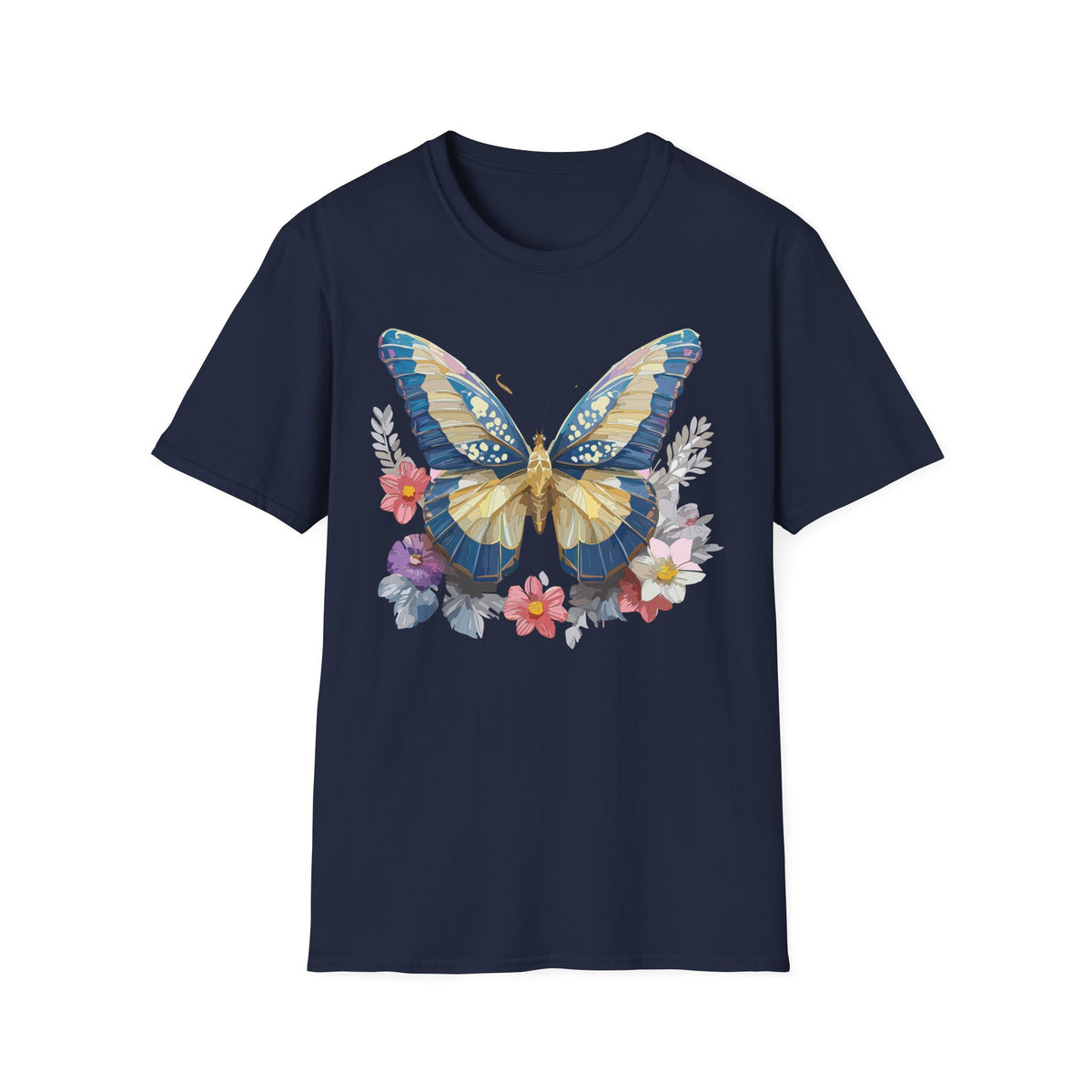 Blue Yellow Butterfly T-Shirt | Floral Wings Nature Graphic Tee Unisex 100 Cotton Gildan T-Shirt
