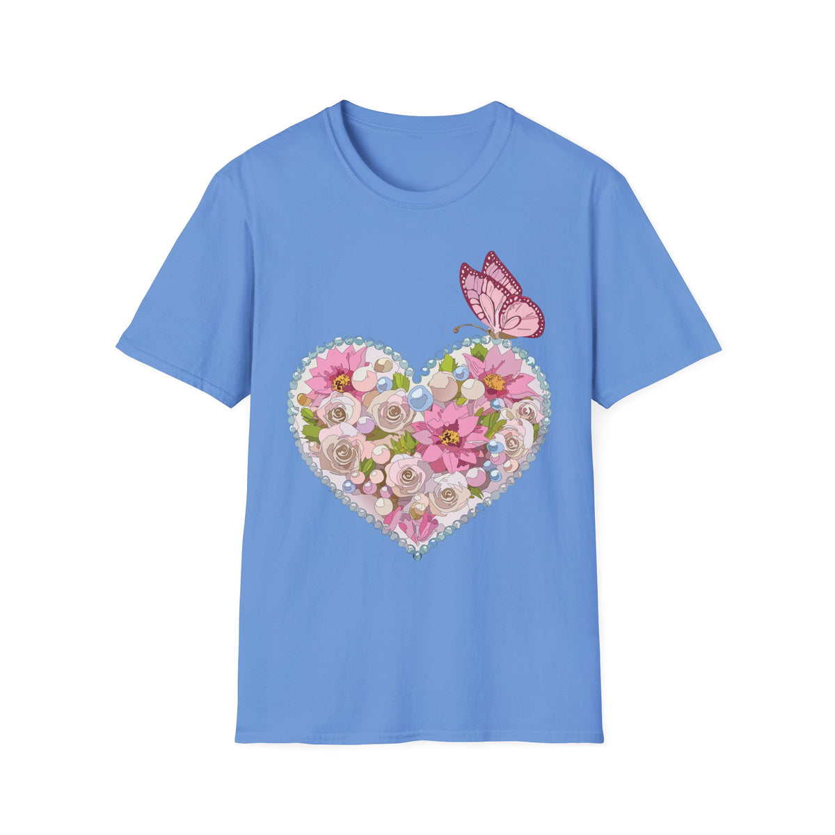 Floral Heart with Butterfly T-Shirt | Pink Flower Heart Graphic Tee Unisex 100 Cotton Gildan T-Shirt