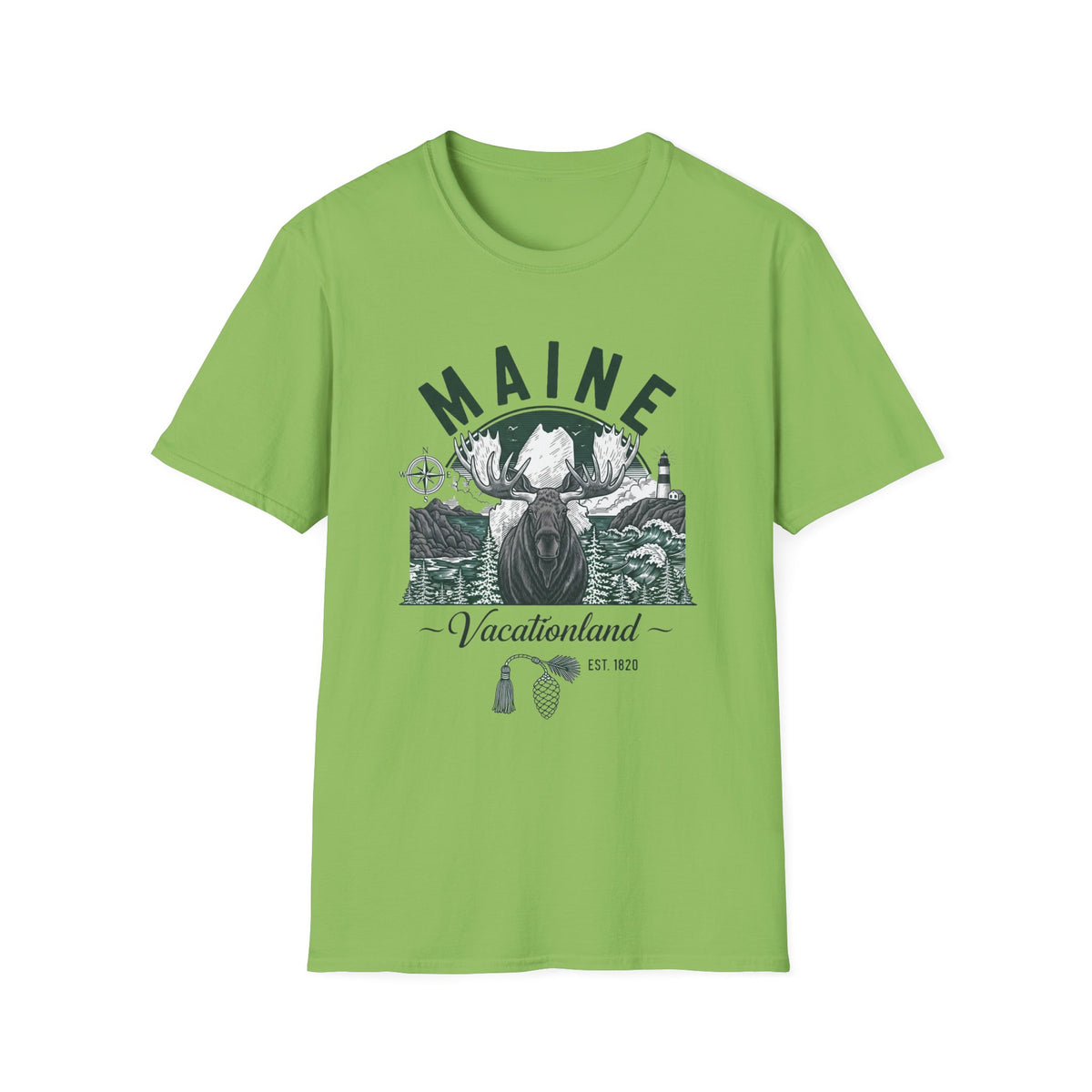 Maine Vacationland Moose T-Shirt — Rustic Coastal State Pride Tee Travel Tourist Graphic Design Unisex 100 Cotton Gildan T-Shirt