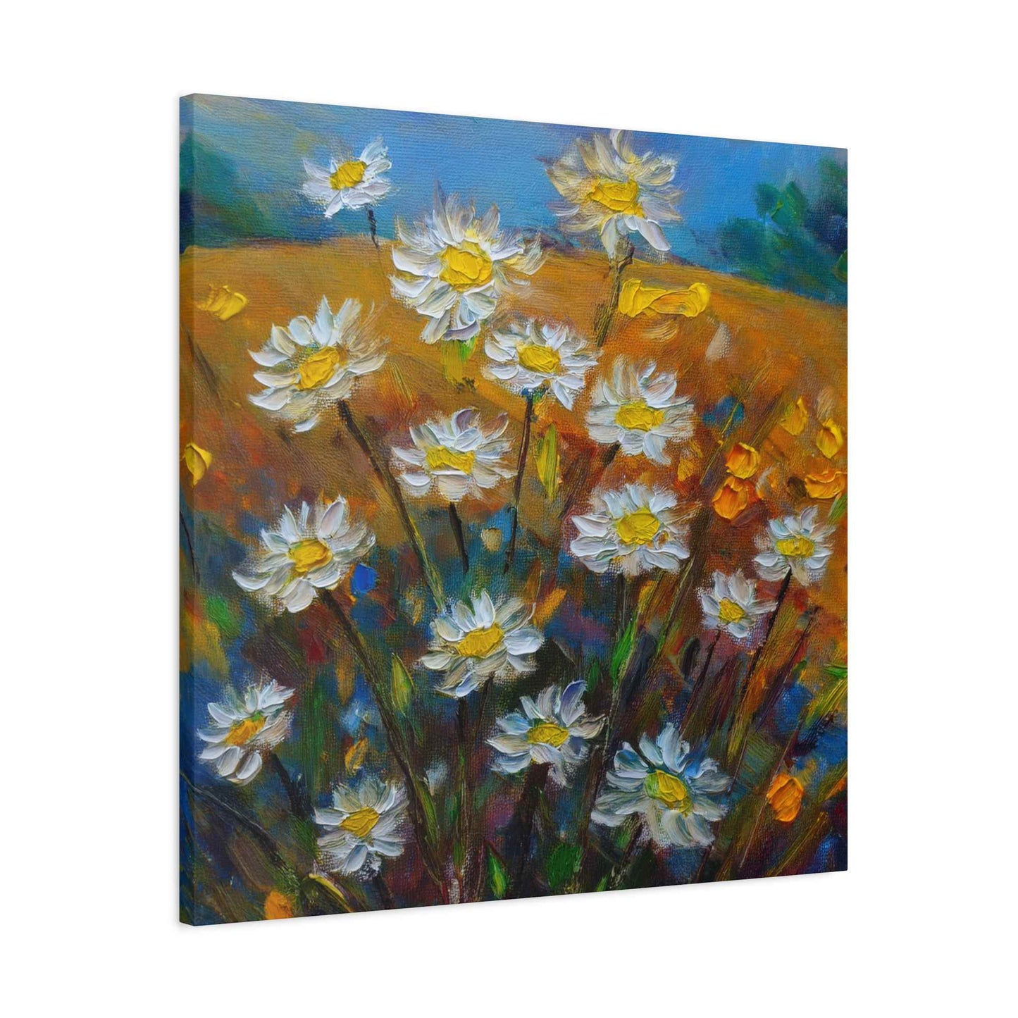 White Daisies Print Canvas, Floral Oil Paint Print 20x20, 24x24, 30x30, 32x32, 36x36 Art Design Pine-Wood Inner Frame MC-126
