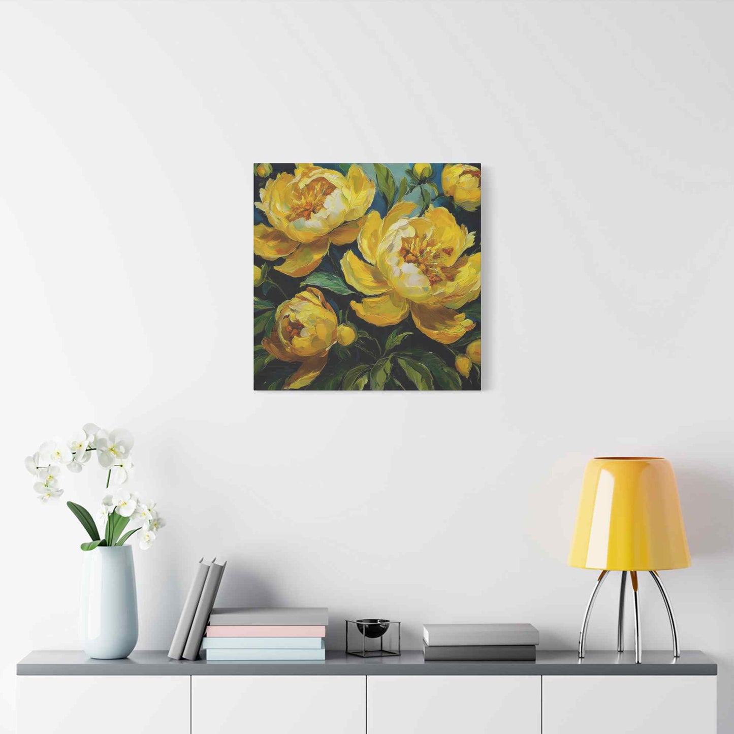 Yellow Peonies Print Canvas, Floral Oil Paint Print 20x20, 24x24, 30x30, 32x32, 36x36 Art Design Pine-Wood Inner Frame MC-121