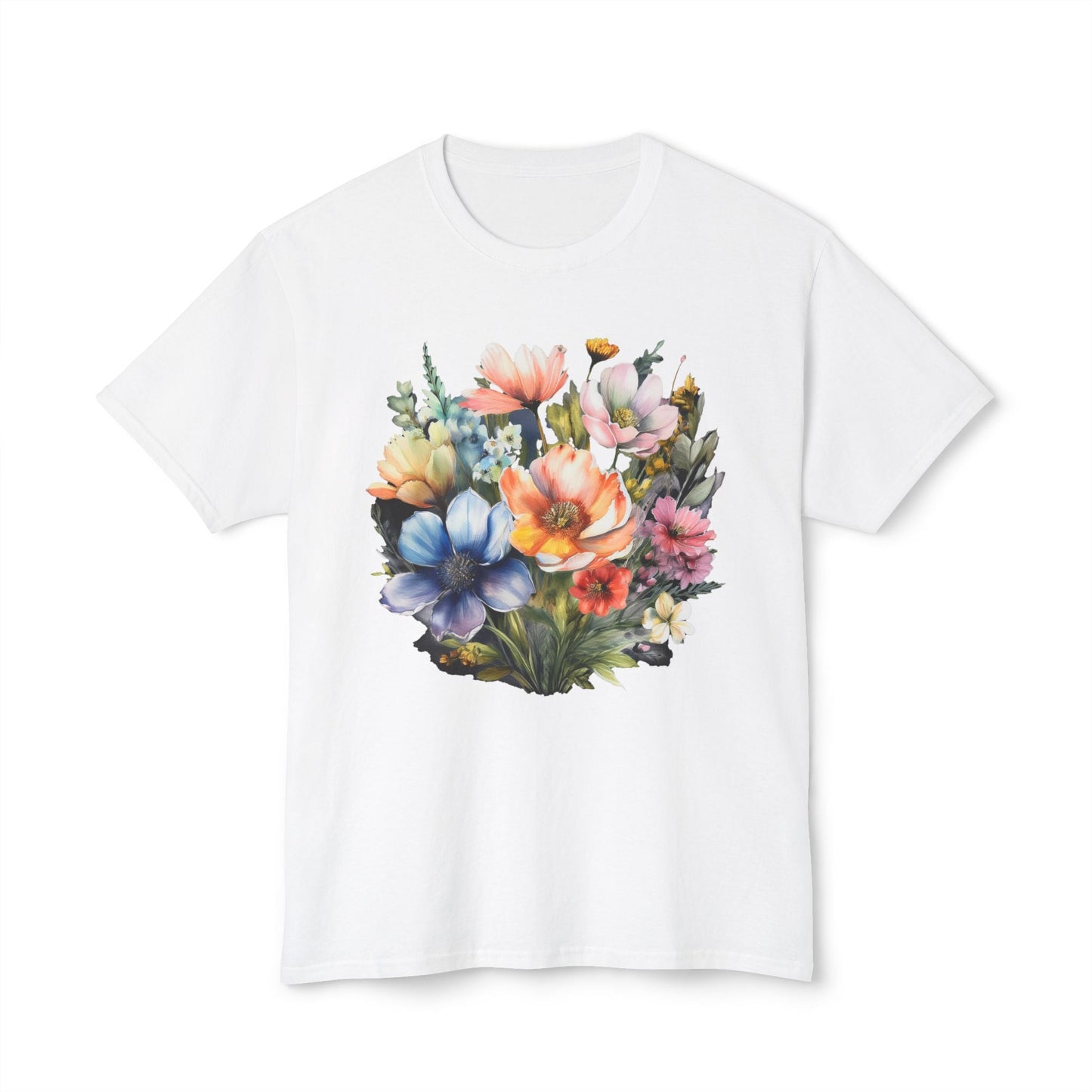Unisex Floral Art T Shirt With Vintage Flowers Print On 100 Percent Cotton Tee For Everyday Wear